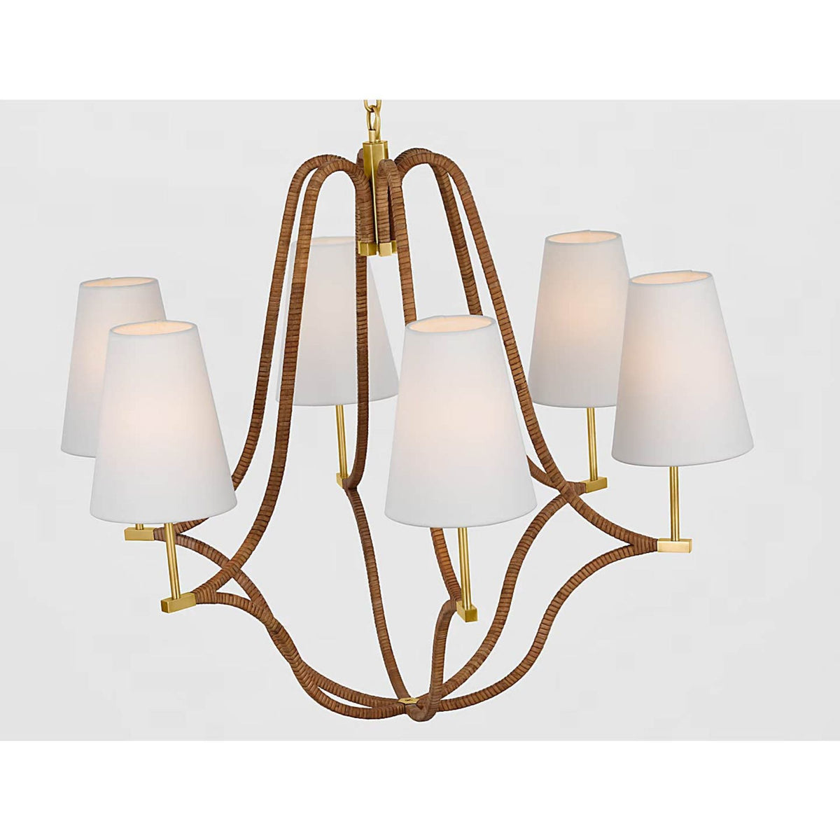 Chapman & Myers Biscayne Large Wrapped Chandelier in Antique-Burnished Brass and Natural Rattan with Linen Shades W30.25" x H27.5"