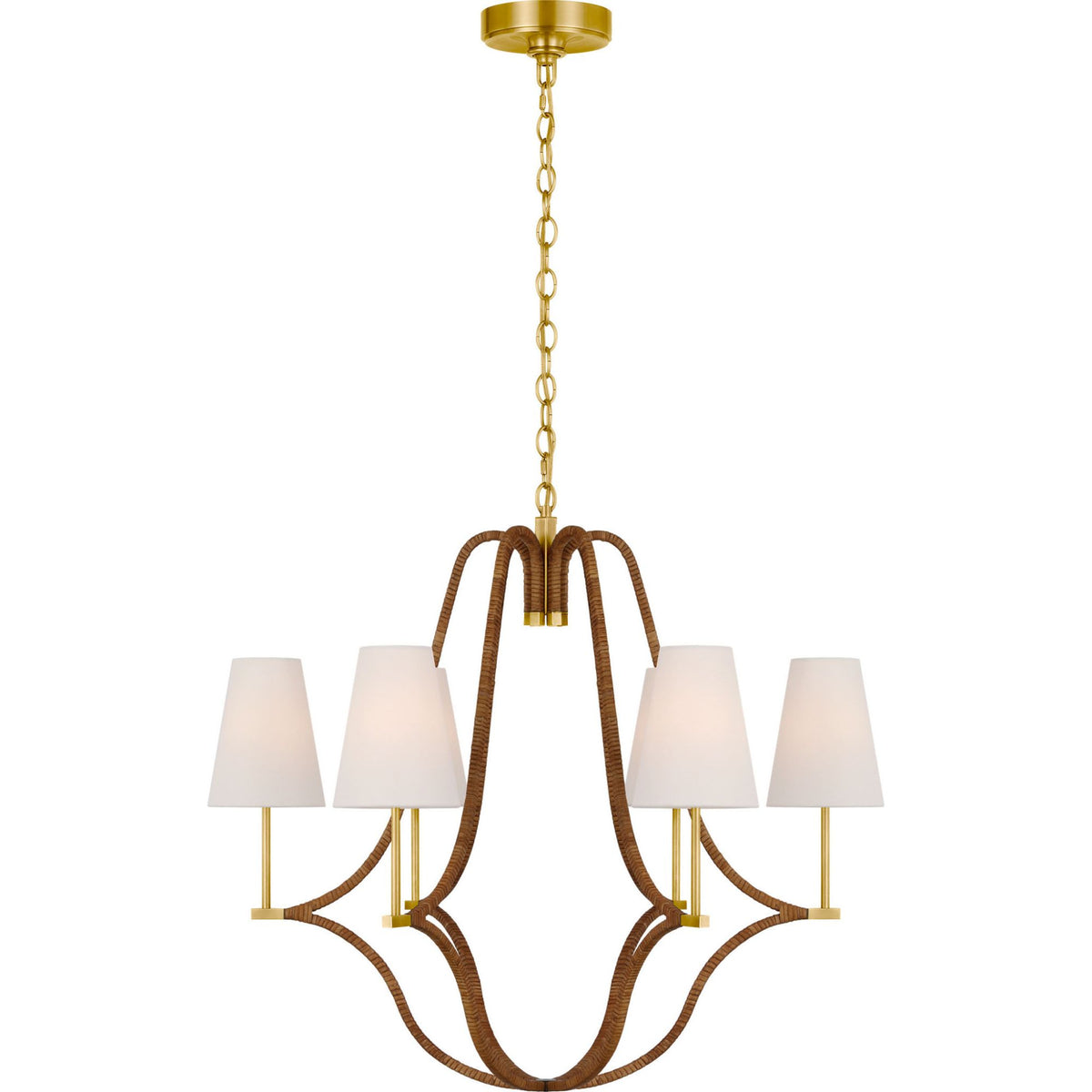 Chapman & Myers Biscayne Large Wrapped Chandelier in Antique-Burnished Brass and Natural Rattan with Linen Shades W30.25" x H27.5"