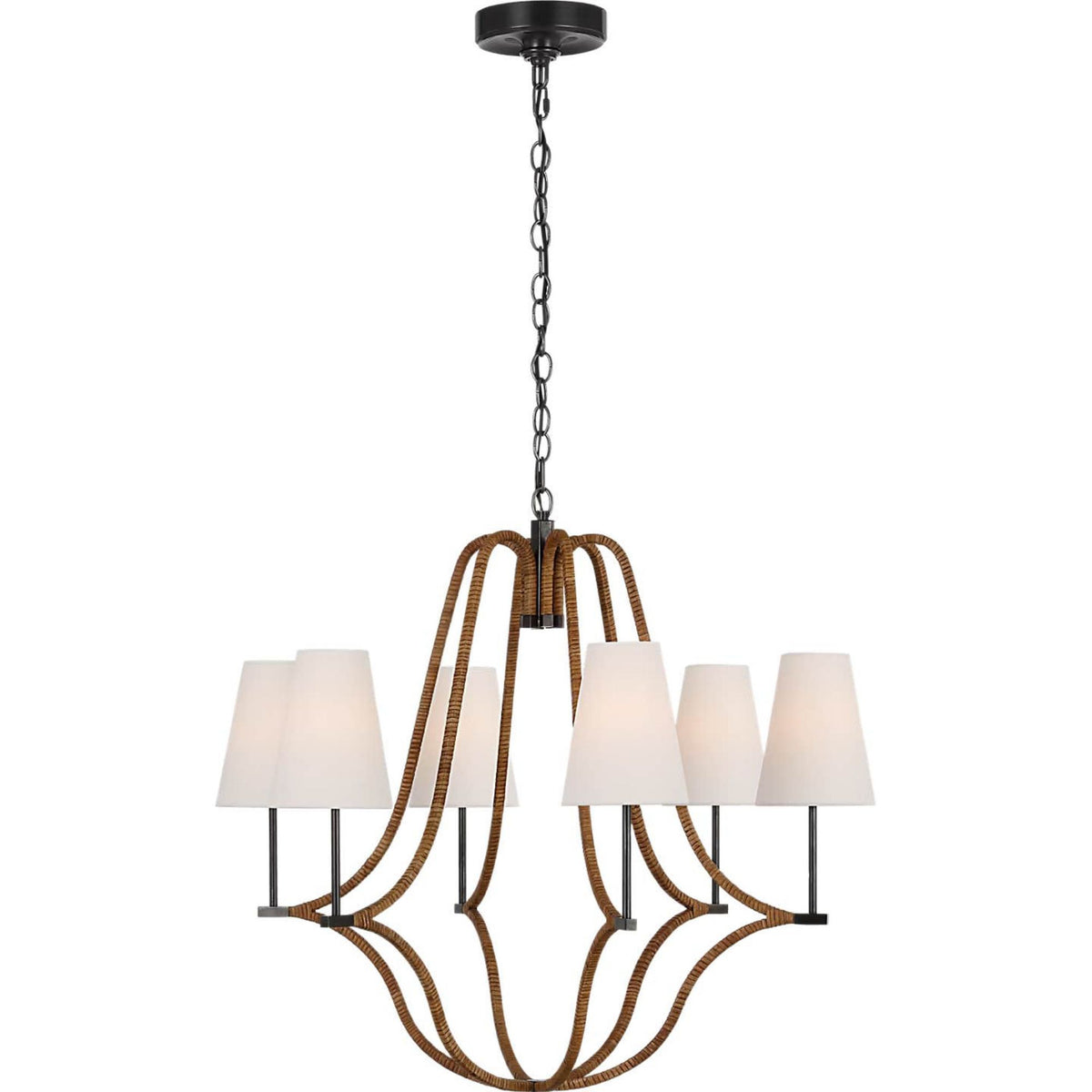 Chapman & Myers Biscayne Large Wrapped Chandelier in Bronze and Natural Rattan with Linen Shades W30.25" x H27.5"