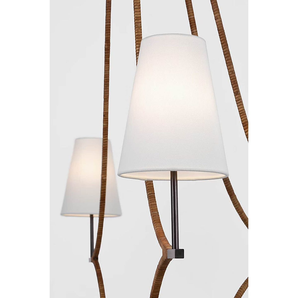 Chapman & Myers Biscayne Extra Large Wrapped Chandelier in Bronze and Natural Rattan with Linen Shades W45.75" x H42.75"