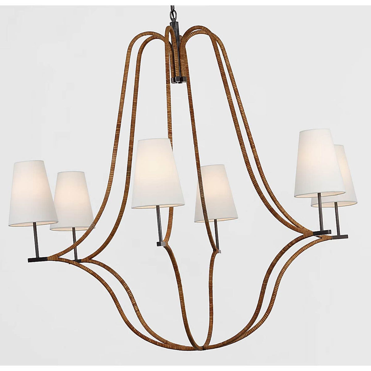 Chapman & Myers Biscayne Extra Large Wrapped Chandelier in Bronze and Natural Rattan with Linen Shades W45.75" x H42.75"