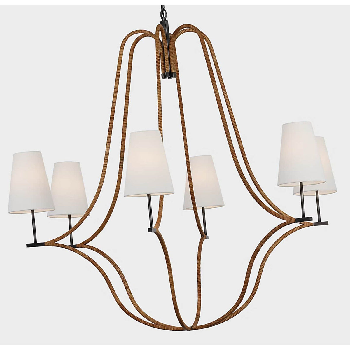 Chapman & Myers Biscayne Extra Large Wrapped Chandelier in Bronze and Natural Rattan with Linen Shades W45.75" x H42.75"
