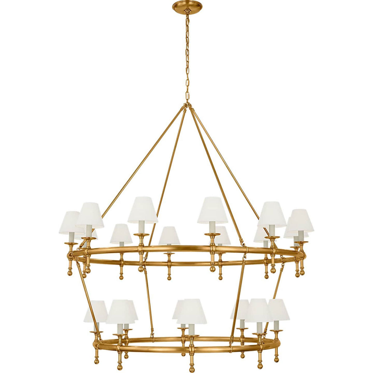 Chapman & Myers Classic 54" Two-Tier Ring Chandelier in Antique-Burnished Brass with Linen Shades W57.25" x H62"