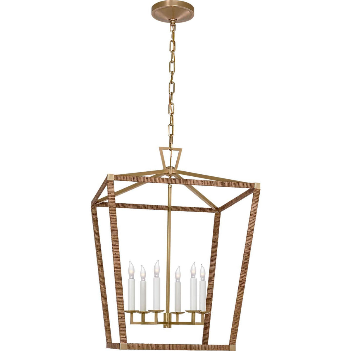 Chapman & Myers Darlana Large Wrapped Lantern in Antique-Burnished Brass and Natural Rattan W24" x H34.25"