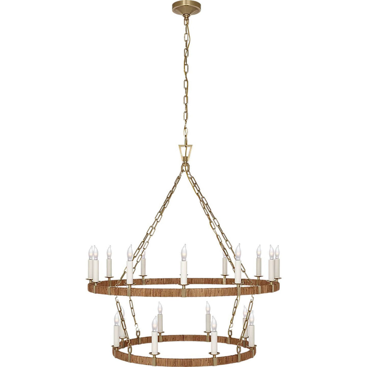Chapman & Myers Darlana Large Two Tier Chandelier in Antique-Burnished Brass and Natural Rattan W39.25" x H44.5"
