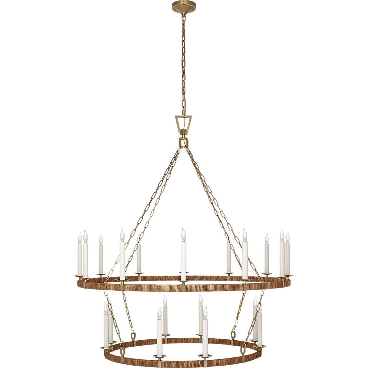 Chapman & Myers Darlana Extra Large Two Tier Chandelier in Antique-Burnished Brass and Natural Rattan W52.25" x H59.75"