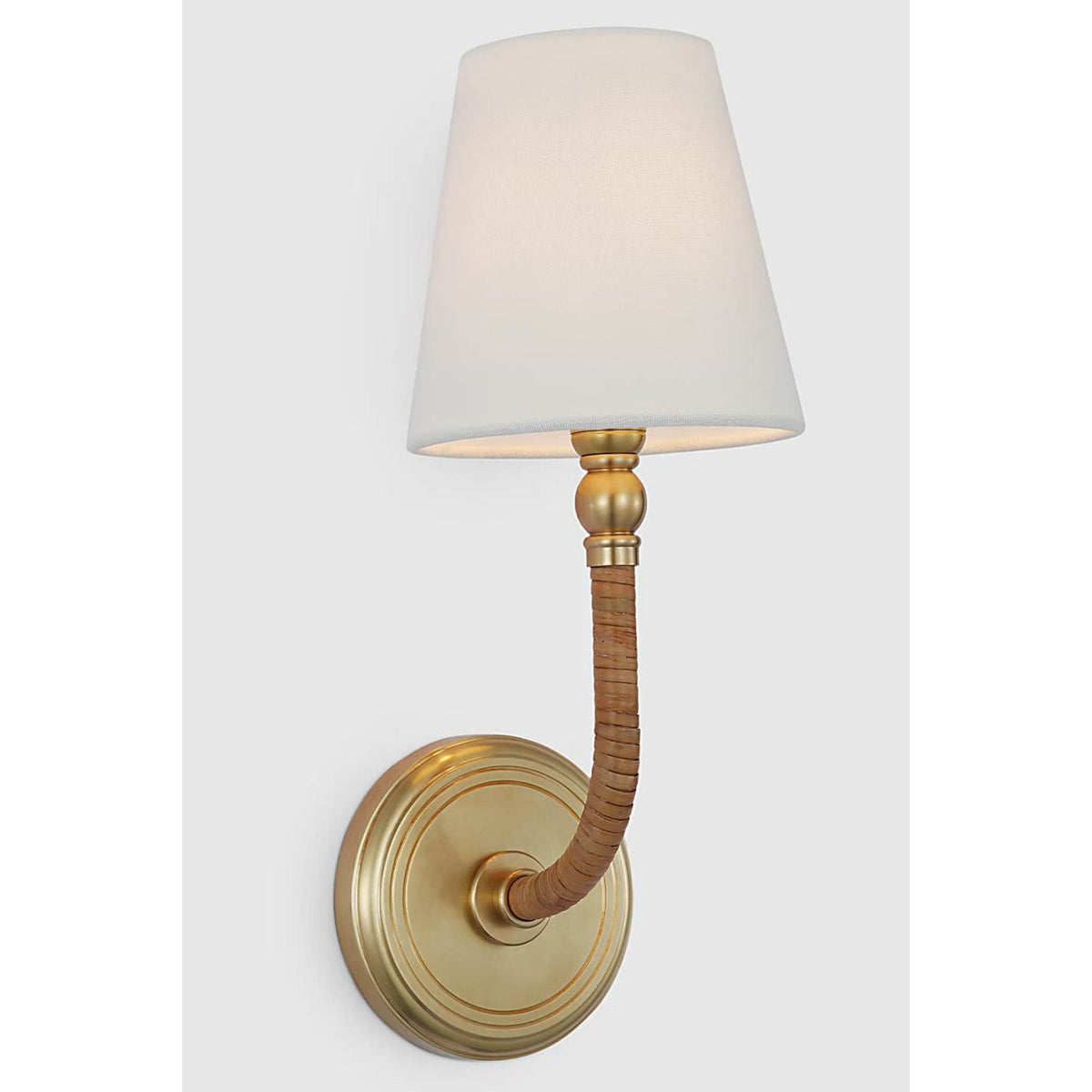 Chapman & Myers Basden Medium Sconce in Antique-Burnished Brass and Natural Rattan with Linen Shade W5.5" x H14" x E6.5"