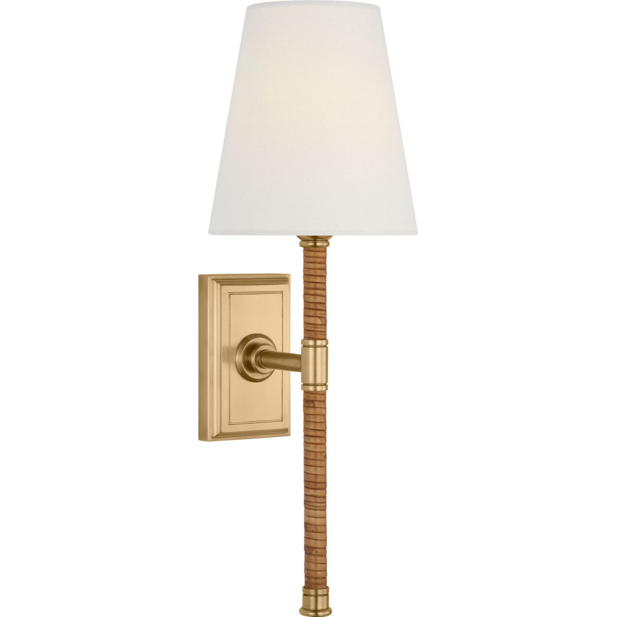 Chapman & Myers Basden 16" Tail Sconce in Antique-Burnished Brass and Natural Rattan with Linen Shade W5.5" x H16.25" x E6.5"