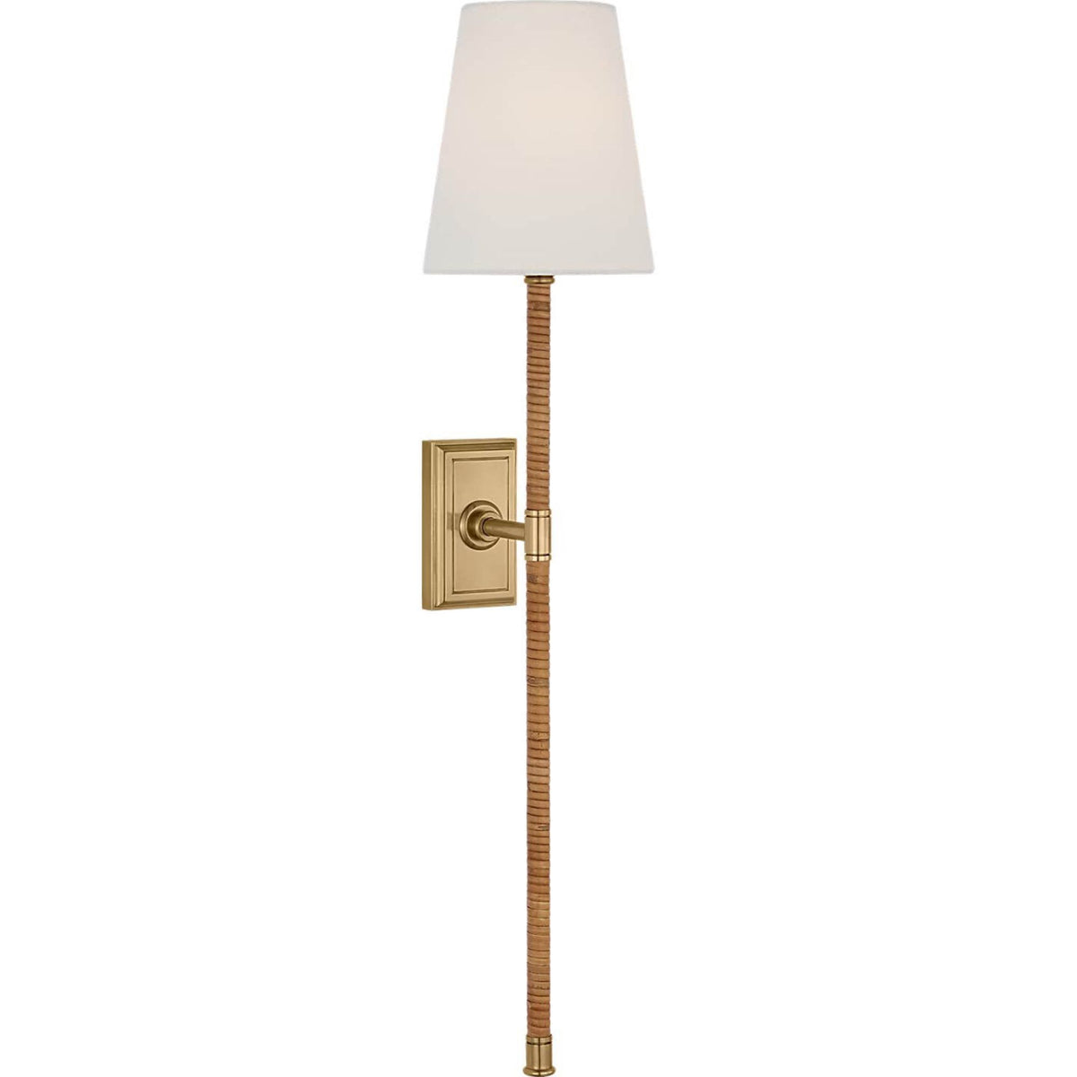 Chapman & Myers Basden 29" Tail Sconce in Antique-Burnished Brass and Natural Rattan with Linen Shade W6" x H28.5" x E6.75"