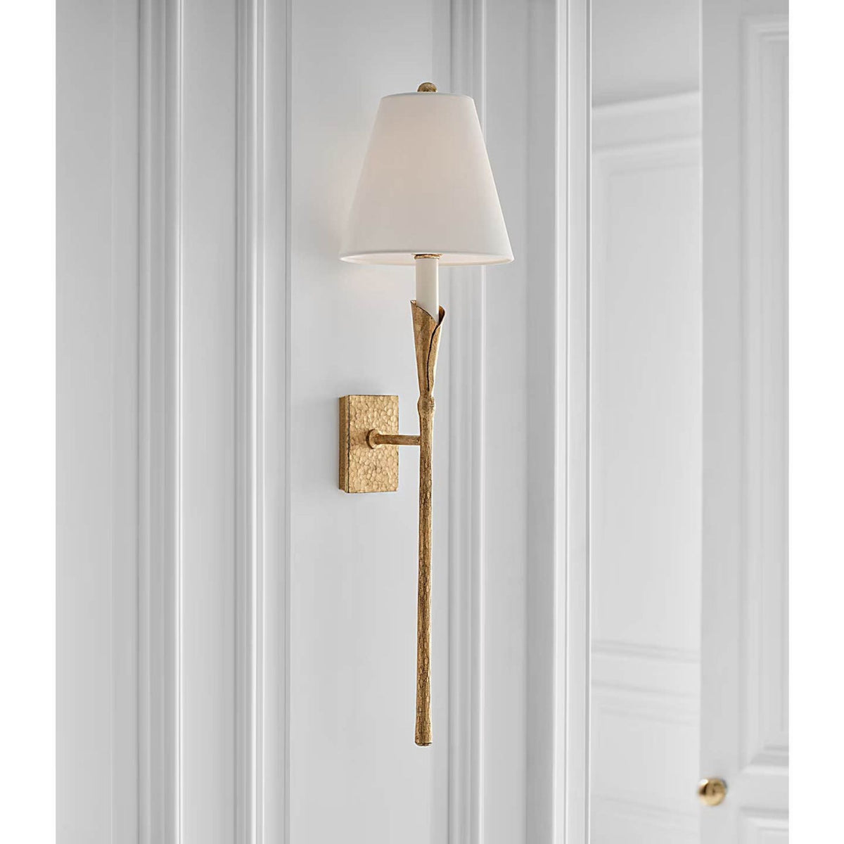 Chapman & Myers Aiden Large Tail Sconce in Gilded Iron with Linen Shade W8.5" x H32" x E8.75"