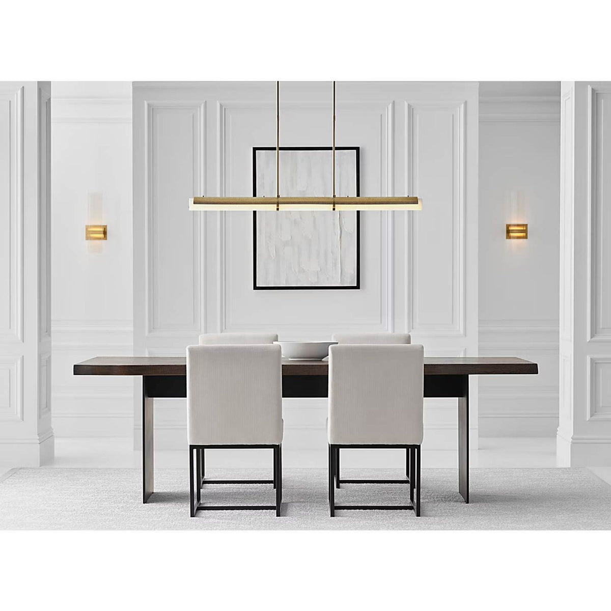 Kelly Wearstler Precision Large Linear Chandelier in Antique-Burnished Brass with White Glass W3.25" x 50"