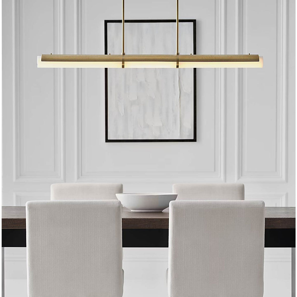 Kelly Wearstler Precision Large Linear Chandelier in Antique-Burnished Brass with White Glass W3.25" x 50"