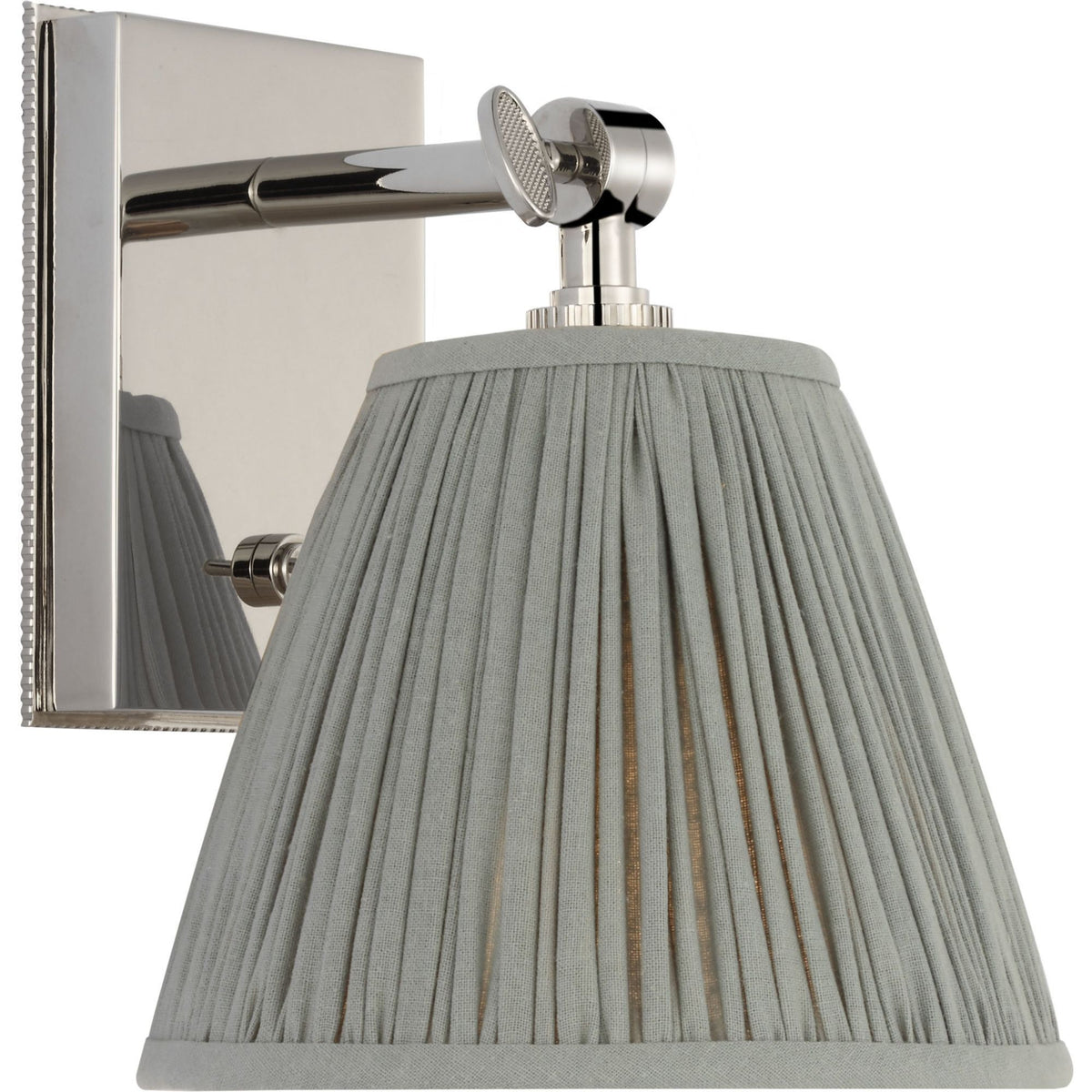 Marie Flanigan Wimberley Bedside Wall Light in Polished Nickel with Blue Linen Pleated Shade W6" x H7.5" x E6.75"