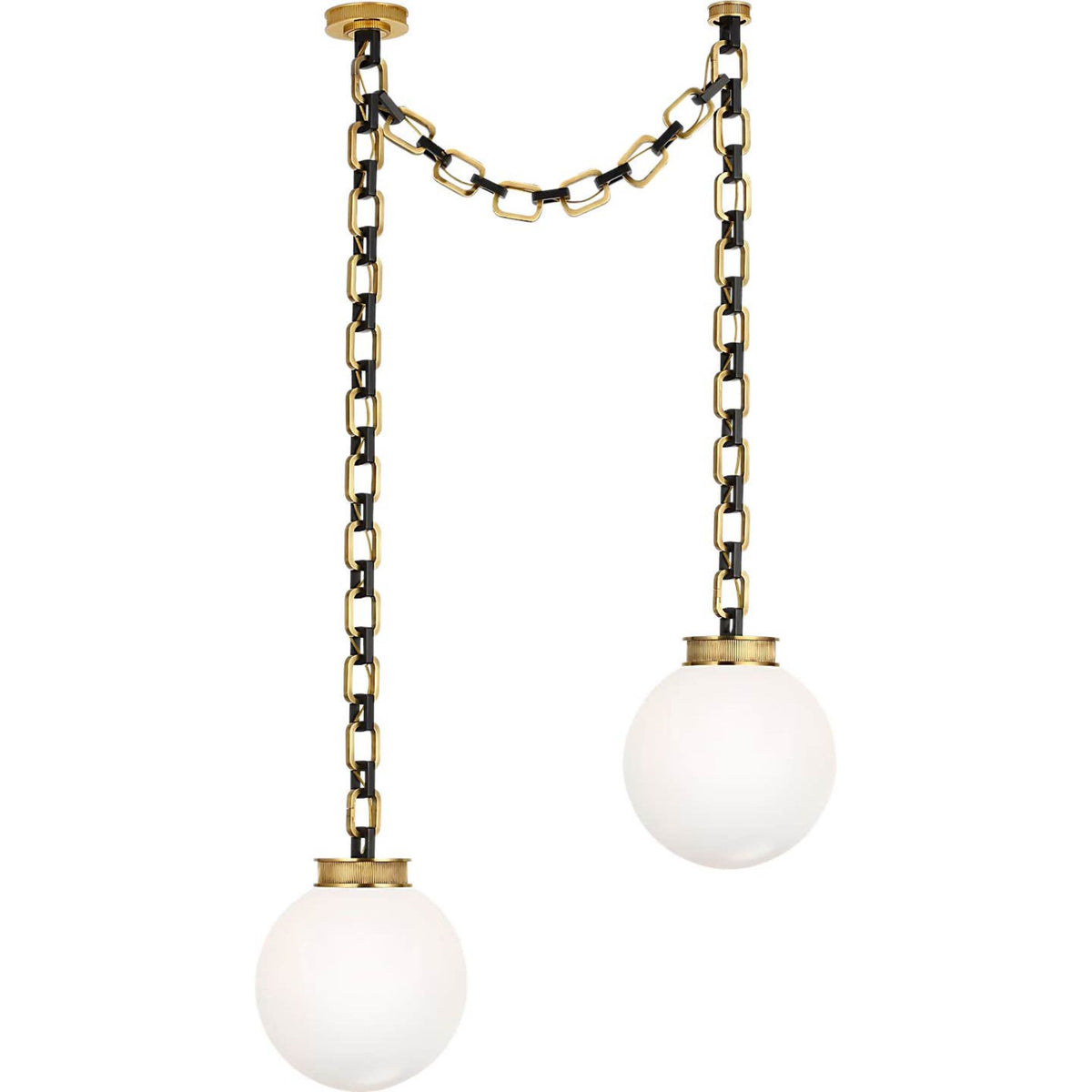 Marie Flanigan Bellamy 2 Light Statement Chain 12" Globe Chandelier in Soft Brass and Bronze with White Glass W37"