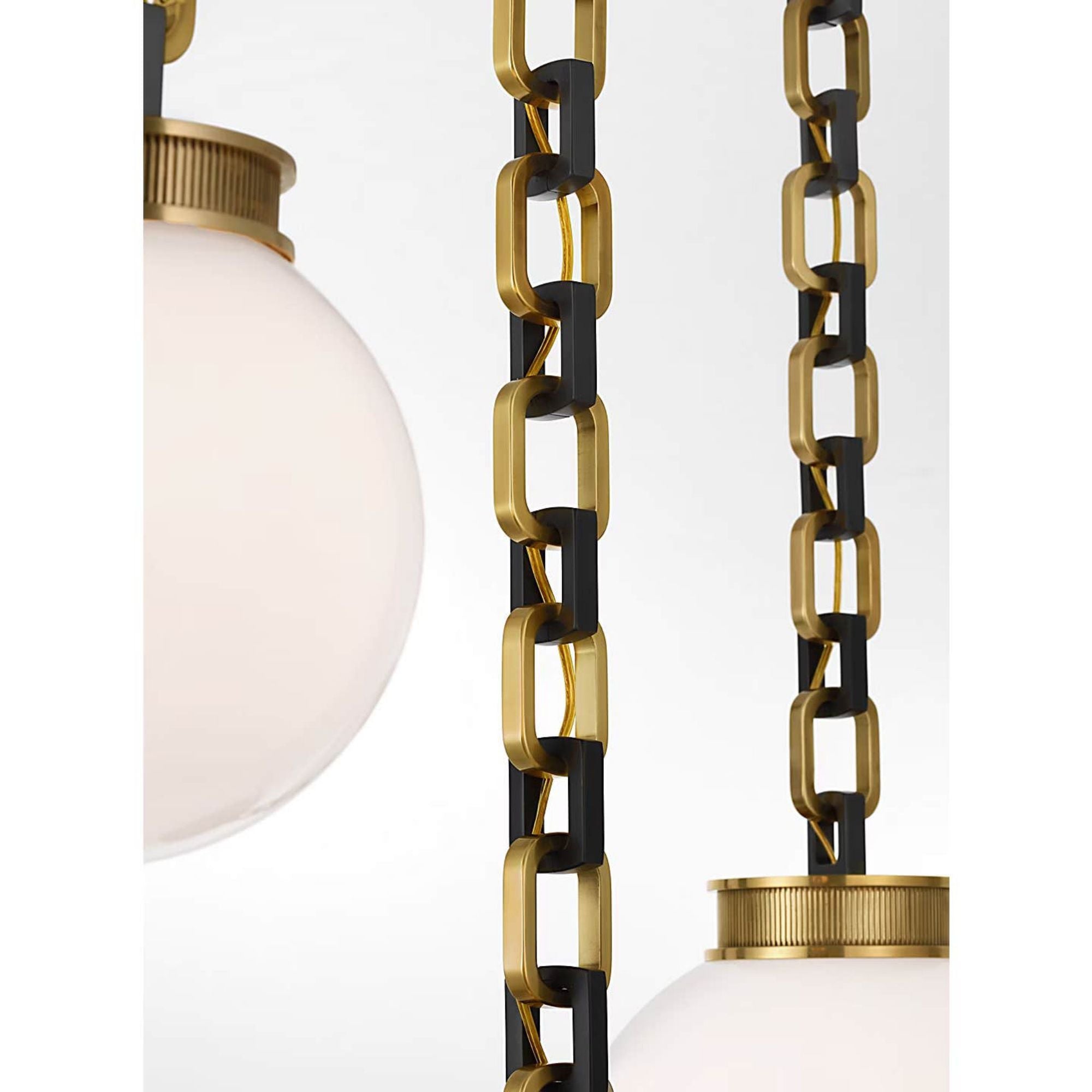 Marie Flanigan Bellamy 3 Light Statement Chain Multi Globe Chandelier in Soft Brass and Bronze with White Glass W51"