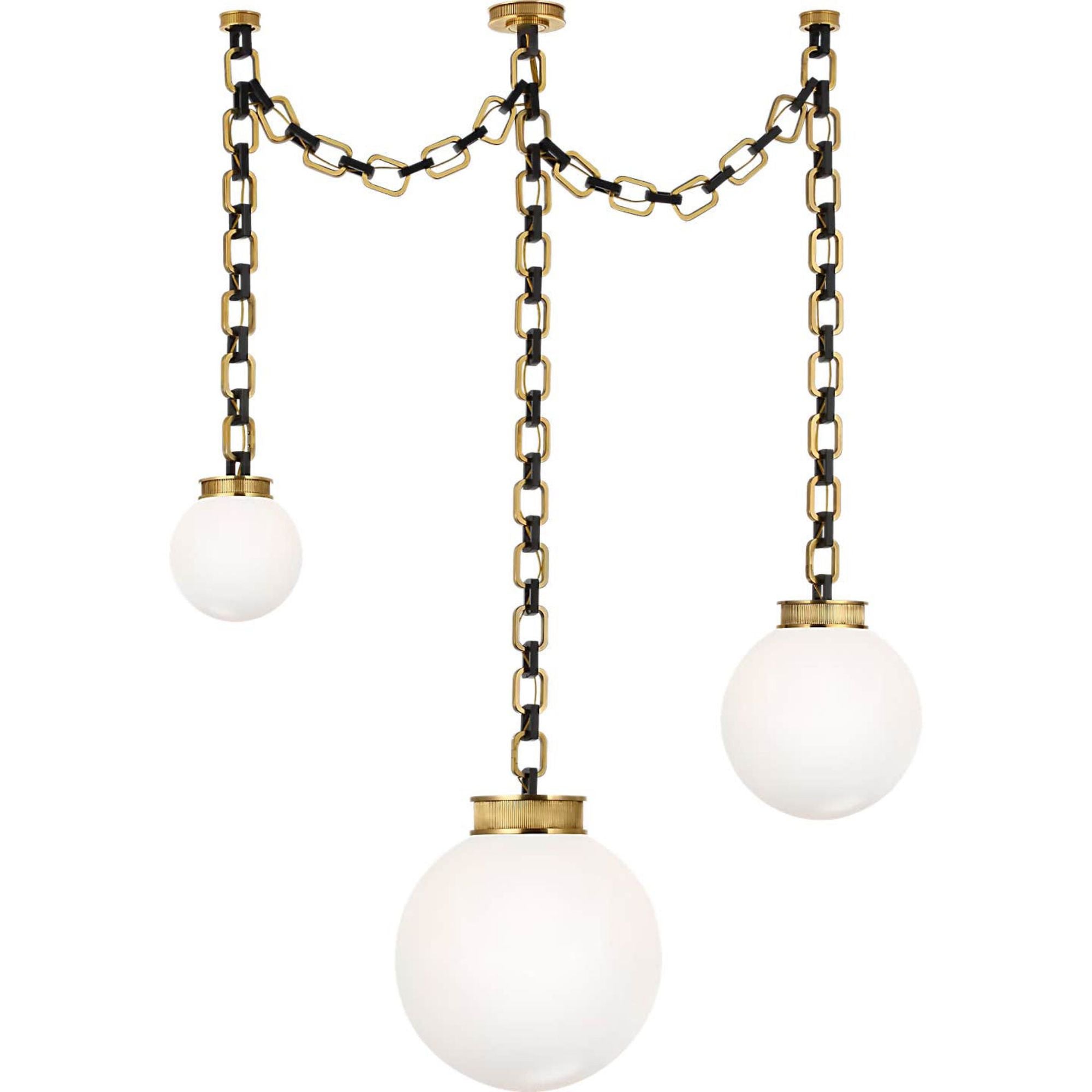 Marie Flanigan Bellamy 3 Light Statement Chain Multi Globe Chandelier in Soft Brass and Bronze with White Glass W51"