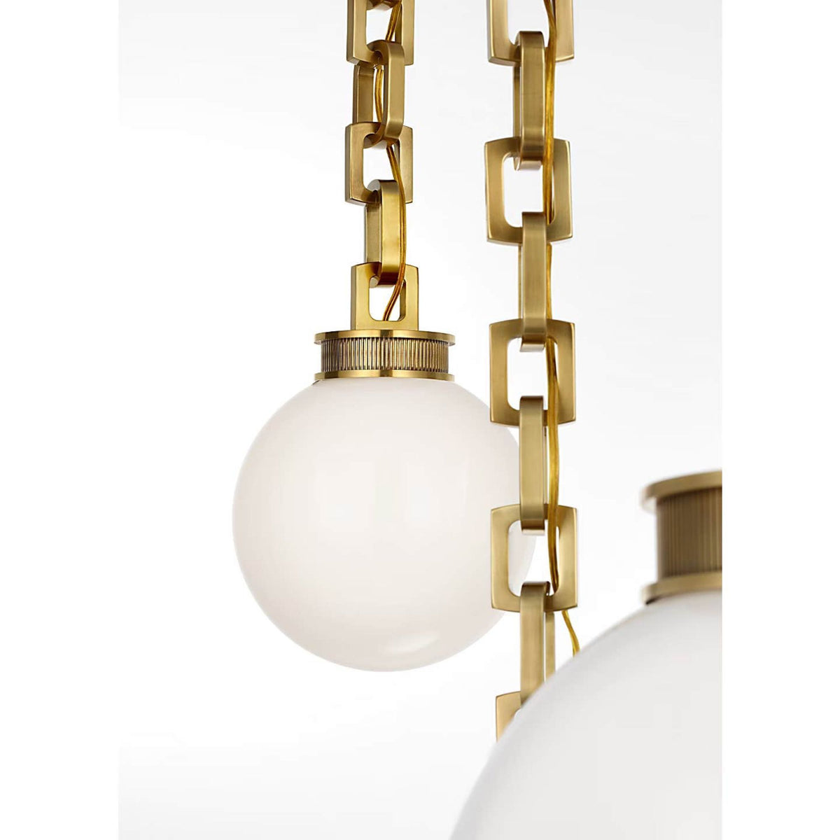 Marie Flanigan Bellamy 3 Light Statement Chain Multi Globe Chandelier in Soft Brass with White Glass W51"