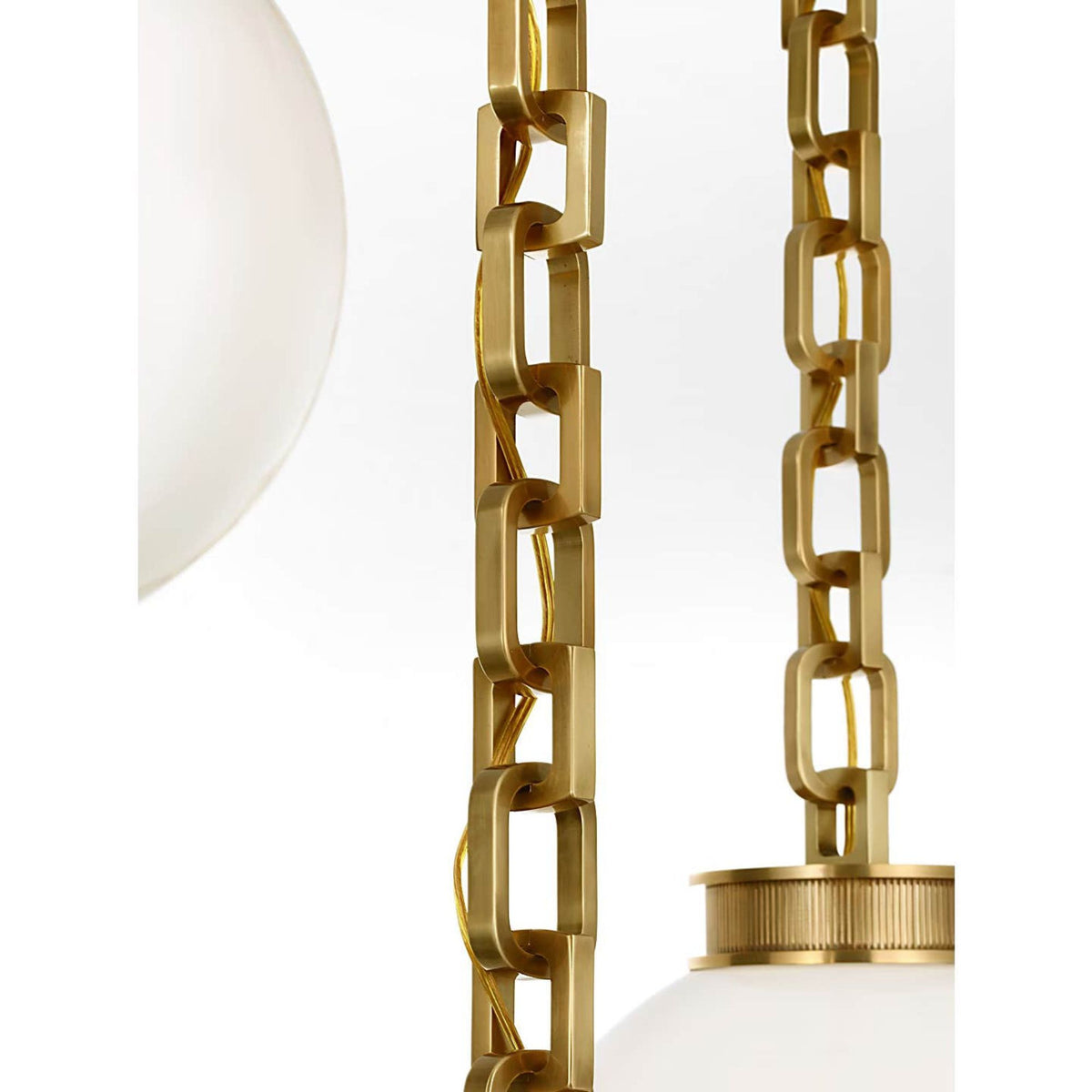 Marie Flanigan Bellamy 3 Light Statement Chain Multi Globe Chandelier in Soft Brass with White Glass W51"