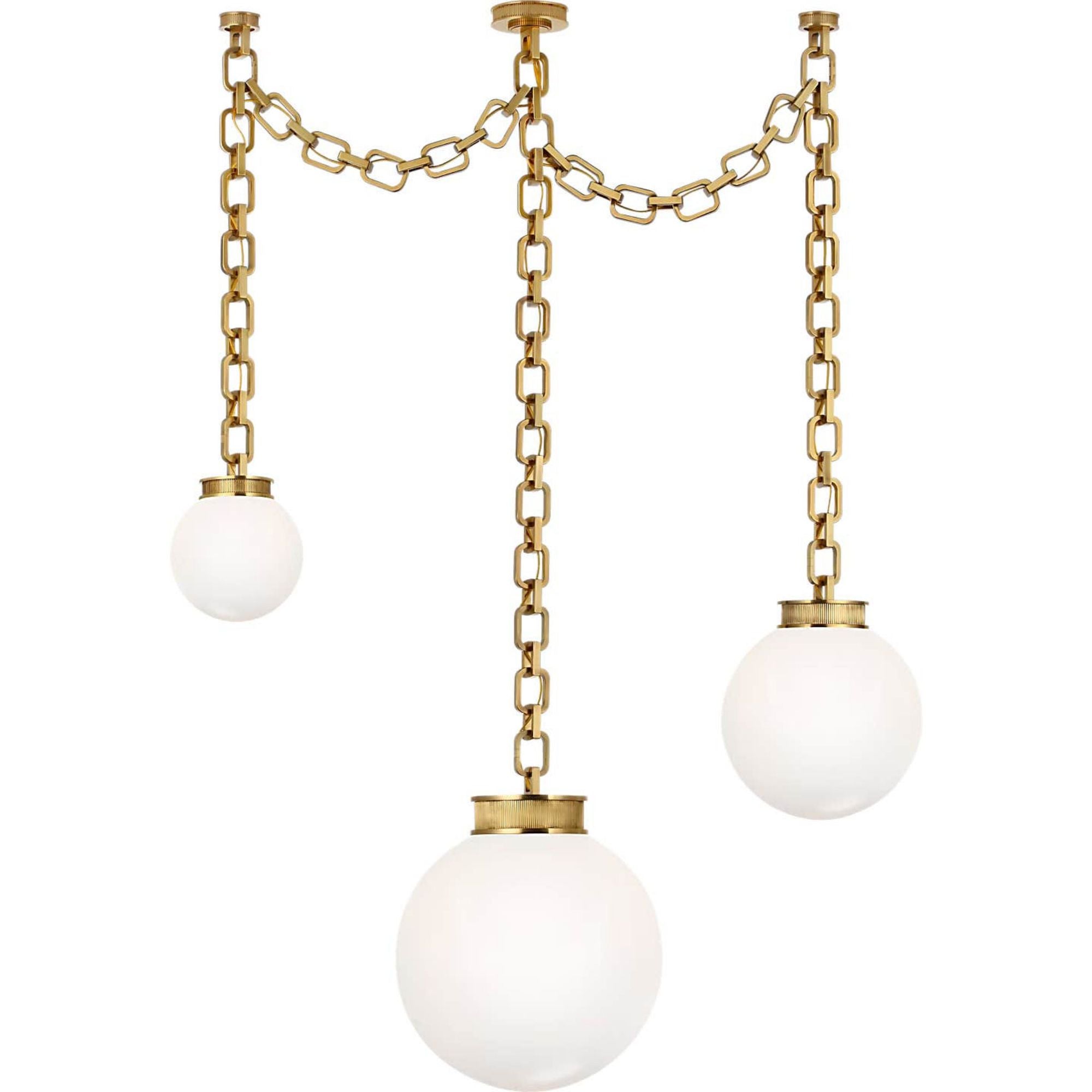 Marie Flanigan Bellamy 3 Light Statement Chain Multi Globe Chandelier in Soft Brass with White Glass W51"
