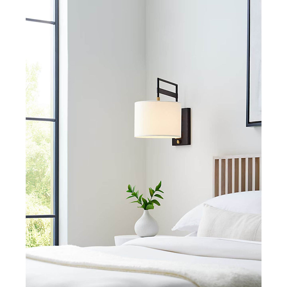 Ray Booth Gael Medium Articulating Wall Light in Warm Iron and Antique Brass with Linen Shade W11" x H15" x E20.5"