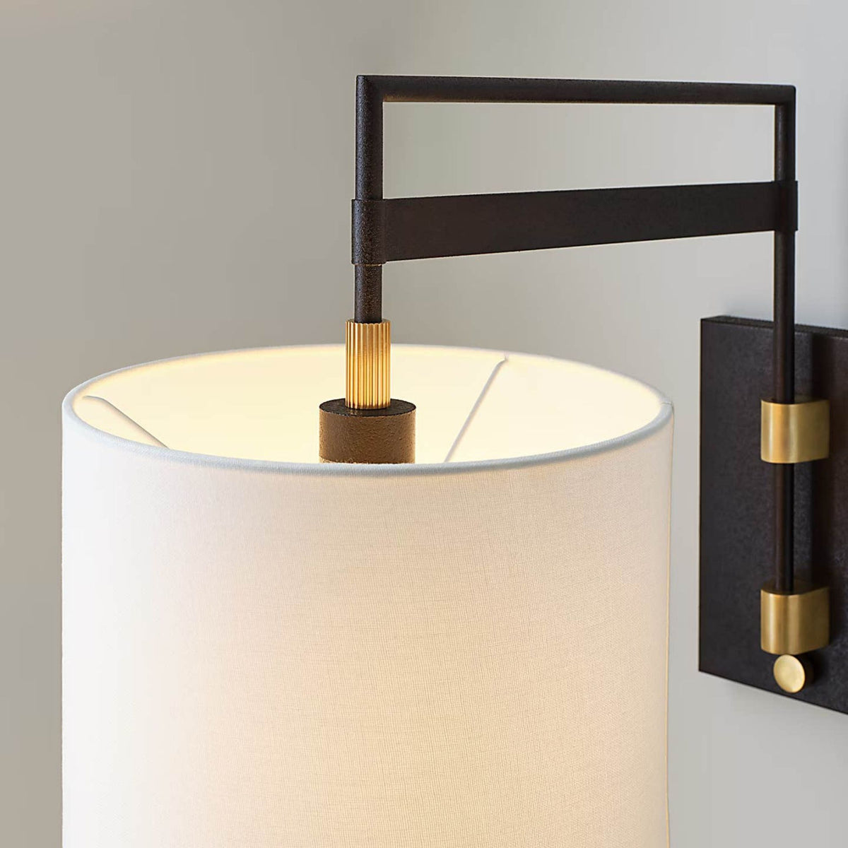 Ray Booth Gael Medium Articulating Wall Light in Warm Iron and Antique Brass with Linen Shade W11" x H15" x E20.5"