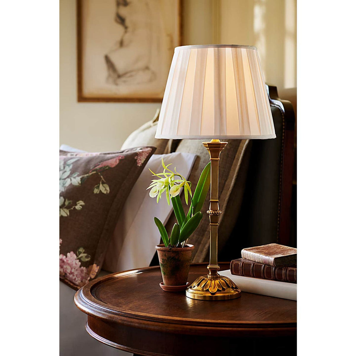 Ralph Lauren Doris Medium Table Lamp in Natural Brass with Silk Box Pleat Shade W12" x H25"