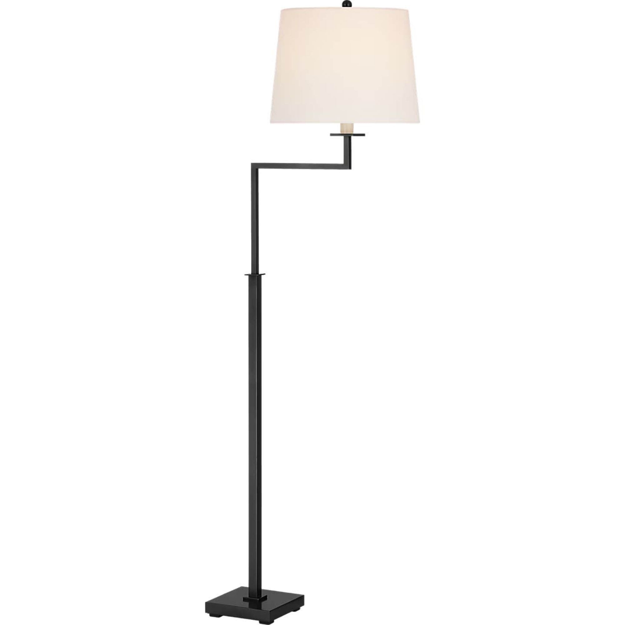 Suzanne Kasler Greer Adjustable Bridge Floor Lamp in Bronze with Linen Shade W12.5" x H43.25" - 53" x E18.25"