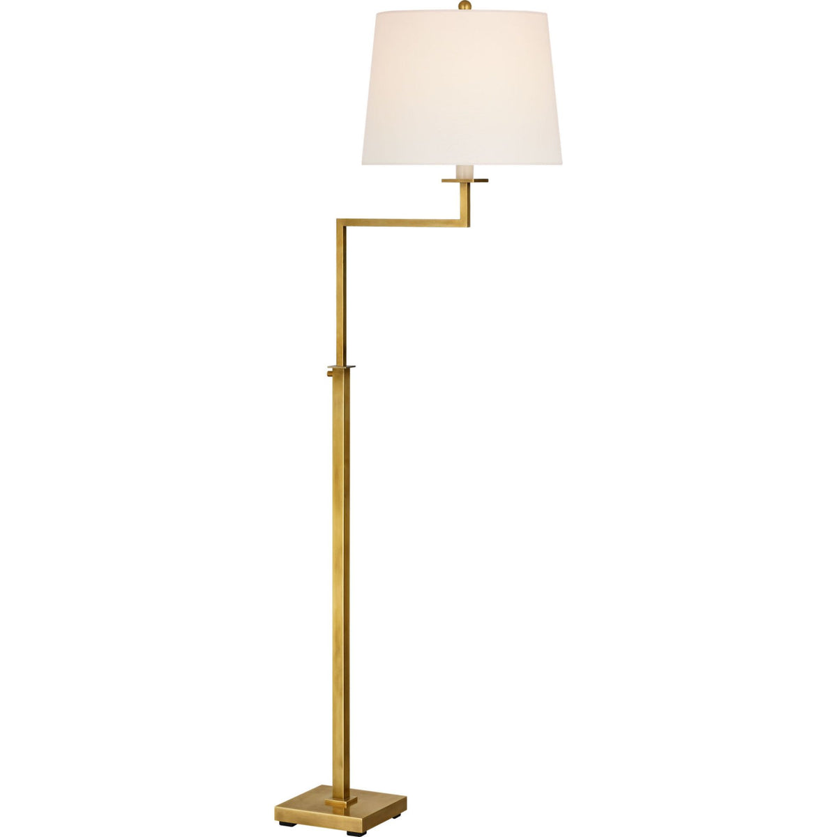 Suzanne Kasler Greer Adjustable Bridge Floor Lamp in Hand-Rubbed Antique Brass with Linen Shade W12.5" x H43.25" - 53" x E18.25"