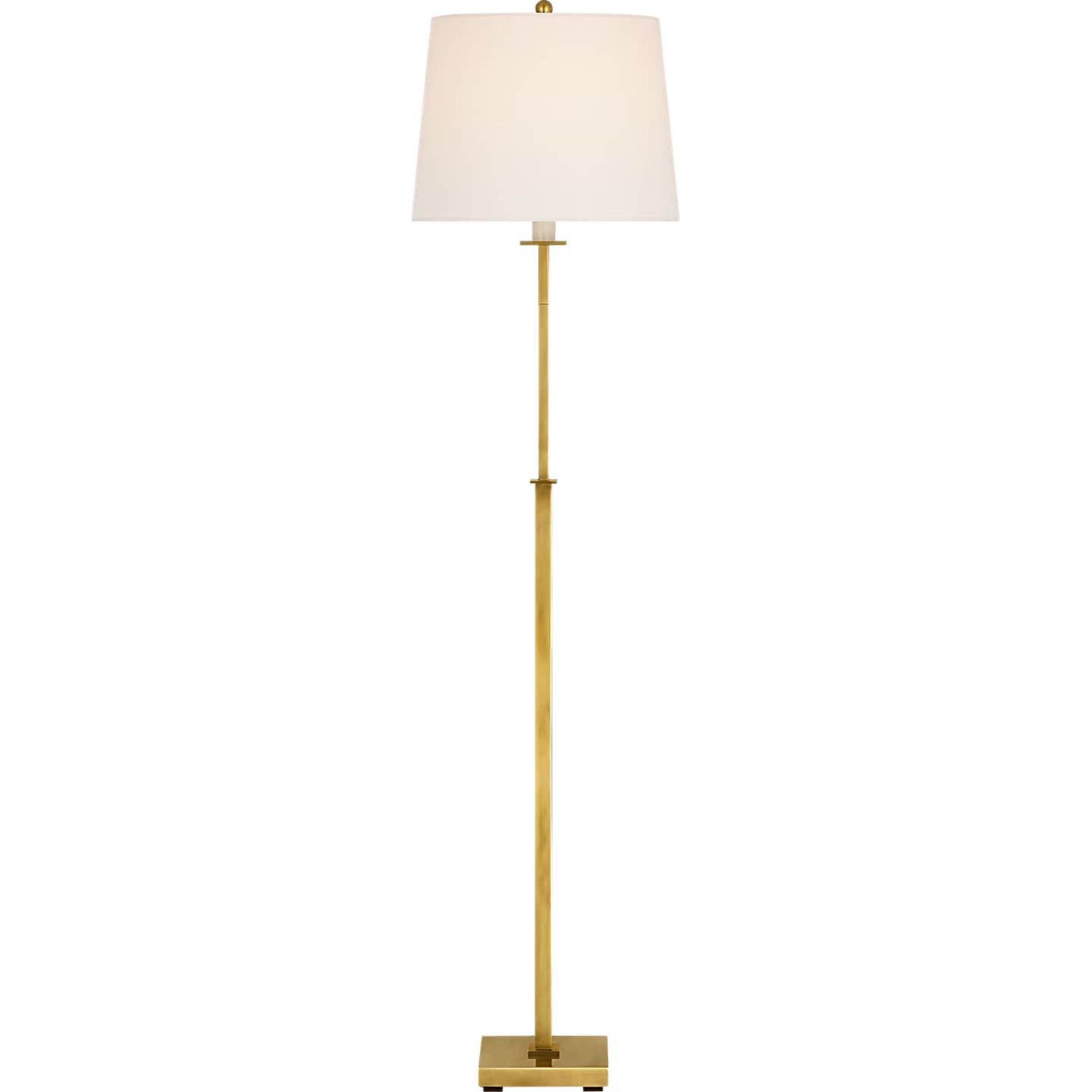 Suzanne Kasler Greer Adjustable Bridge Floor Lamp in Hand-Rubbed Antique Brass with Linen Shade W12.5" x H43.25" - 53" x E18.25"