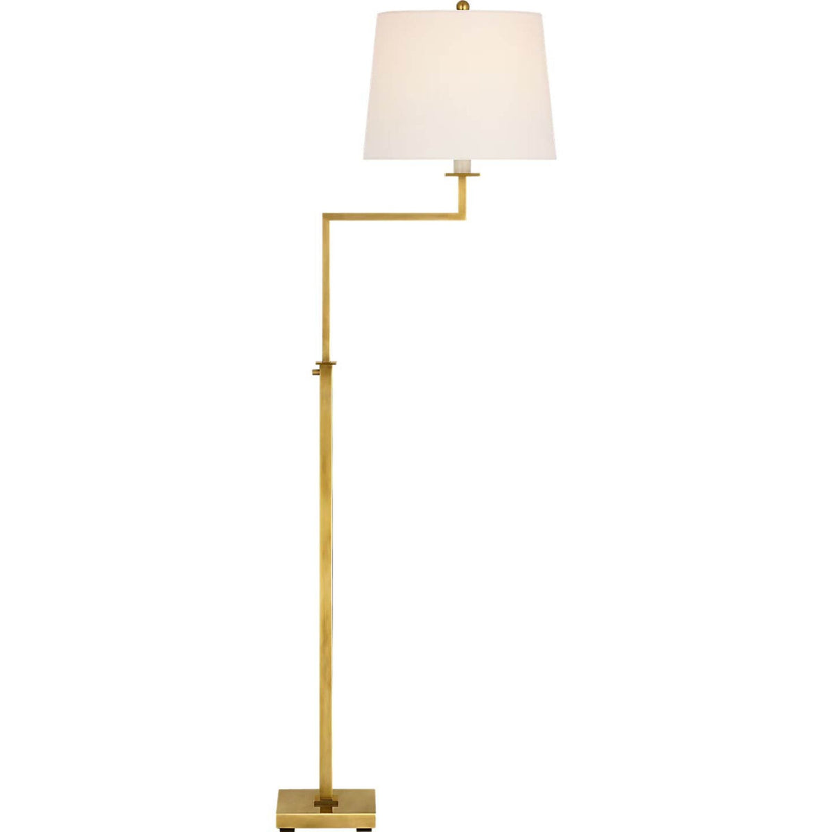 Suzanne Kasler Greer Adjustable Bridge Floor Lamp in Hand-Rubbed Antique Brass with Linen Shade W12.5" x H43.25" - 53" x E18.25"