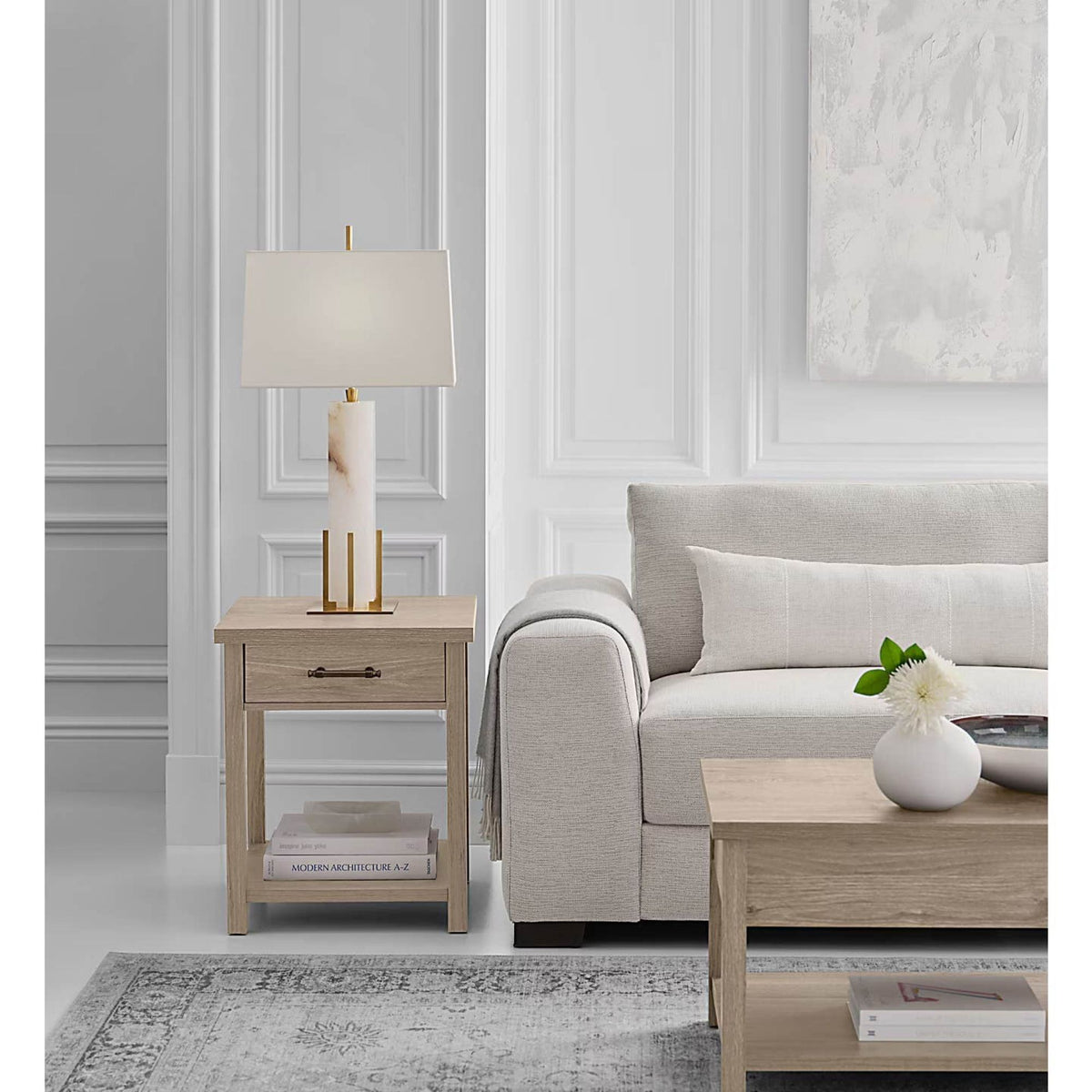 Thomas O'Brien Gironde Large Table Lamp in Alabaster and Hand-Rubbed Antique Brass with Linen Shade W17" x H31.25"