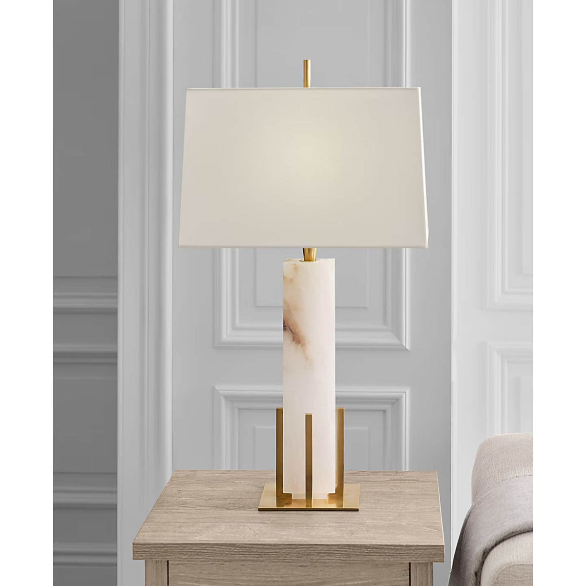 Thomas O'Brien Gironde Large Table Lamp in Alabaster and Hand-Rubbed Antique Brass with Linen Shade W17" x H31.25"