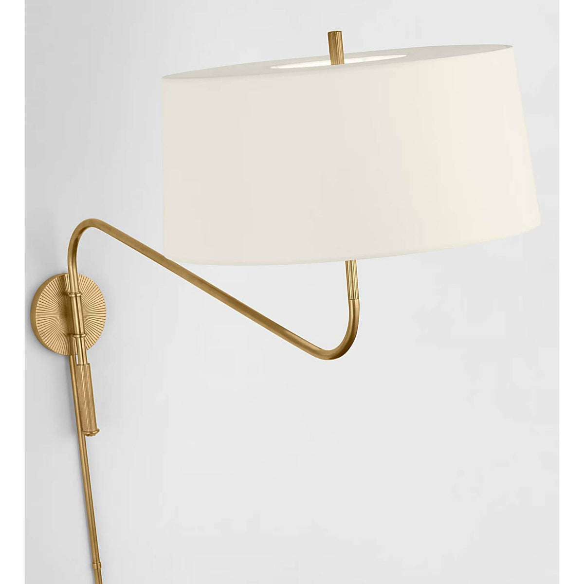 Thomas O'Brien Canto Grande Swinging Wall Light in Hand-Rubbed Antique Brass with Linen Shade W17" x H21.5" x E17" - 34.5"