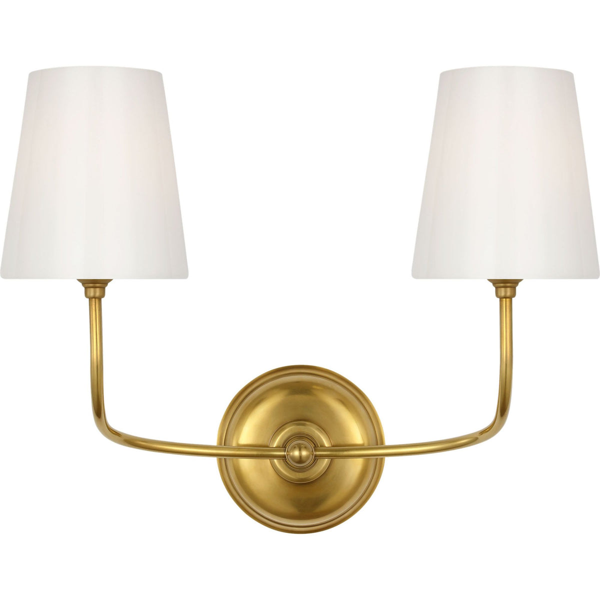 Thomas O'Brien Vendome Double Sconce in Hand-Rubbed Antique Brass with White Glass W17.75" x H14.75" x E8.5"