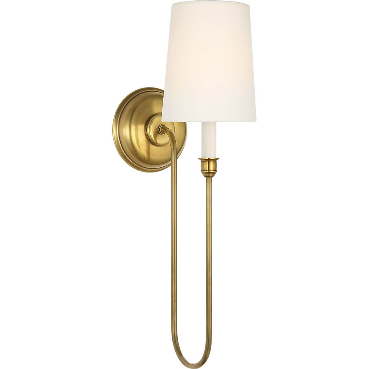Thomas O'Brien Vendome 21" Deep Arm Cordless Sconce in Hand-Rubbed Antique Brass with Linen Shade W5.5" x H21" x E9.75"