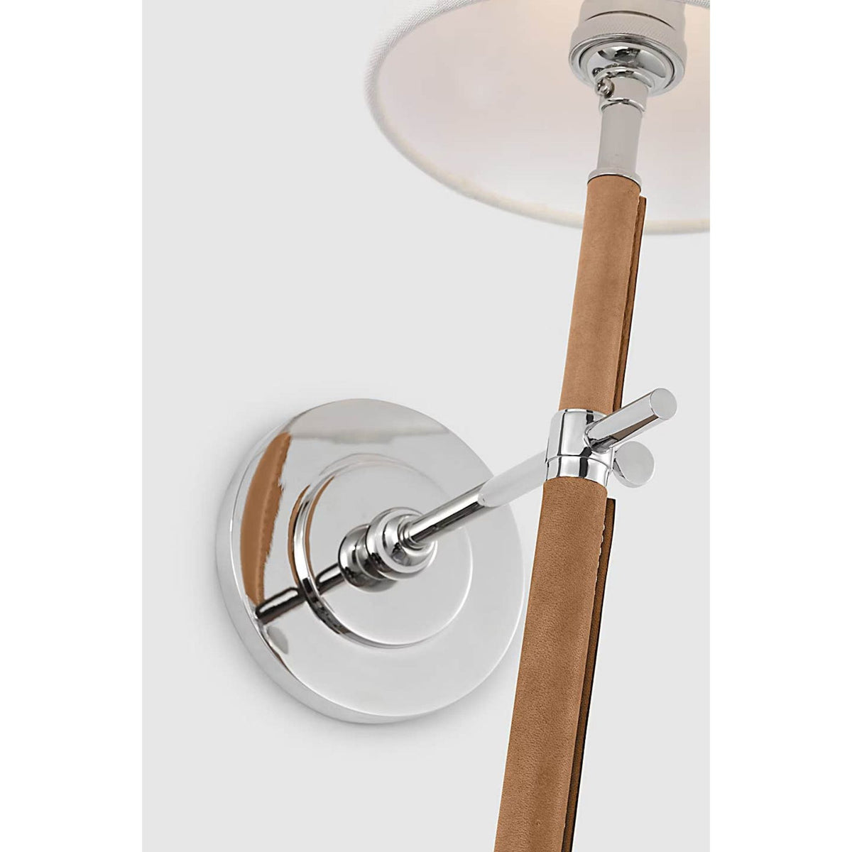 Thomas O'Brien Bryant Large Wrapped Tail Sconce in Polished Nickel and Natural Leather with Linen Shade W6.5" x H26" x E9.25"