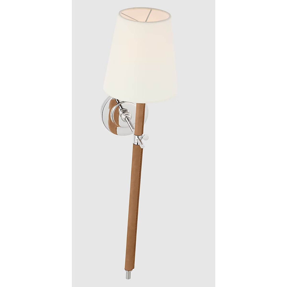 Thomas O'Brien Bryant Large Wrapped Tail Sconce in Polished Nickel and Natural Leather with Linen Shade W6.5" x H26" x E9.25"