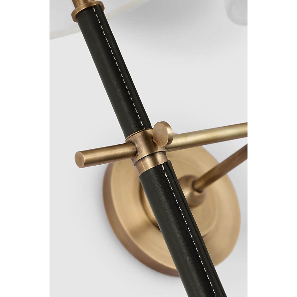 Thomas O'Brien Bryant Large Wrapped Double Tail Sconce in Hand-Rubbed Antique Brass and Chocolate Leather with Linen Shades W16" x H26" x E9.25"