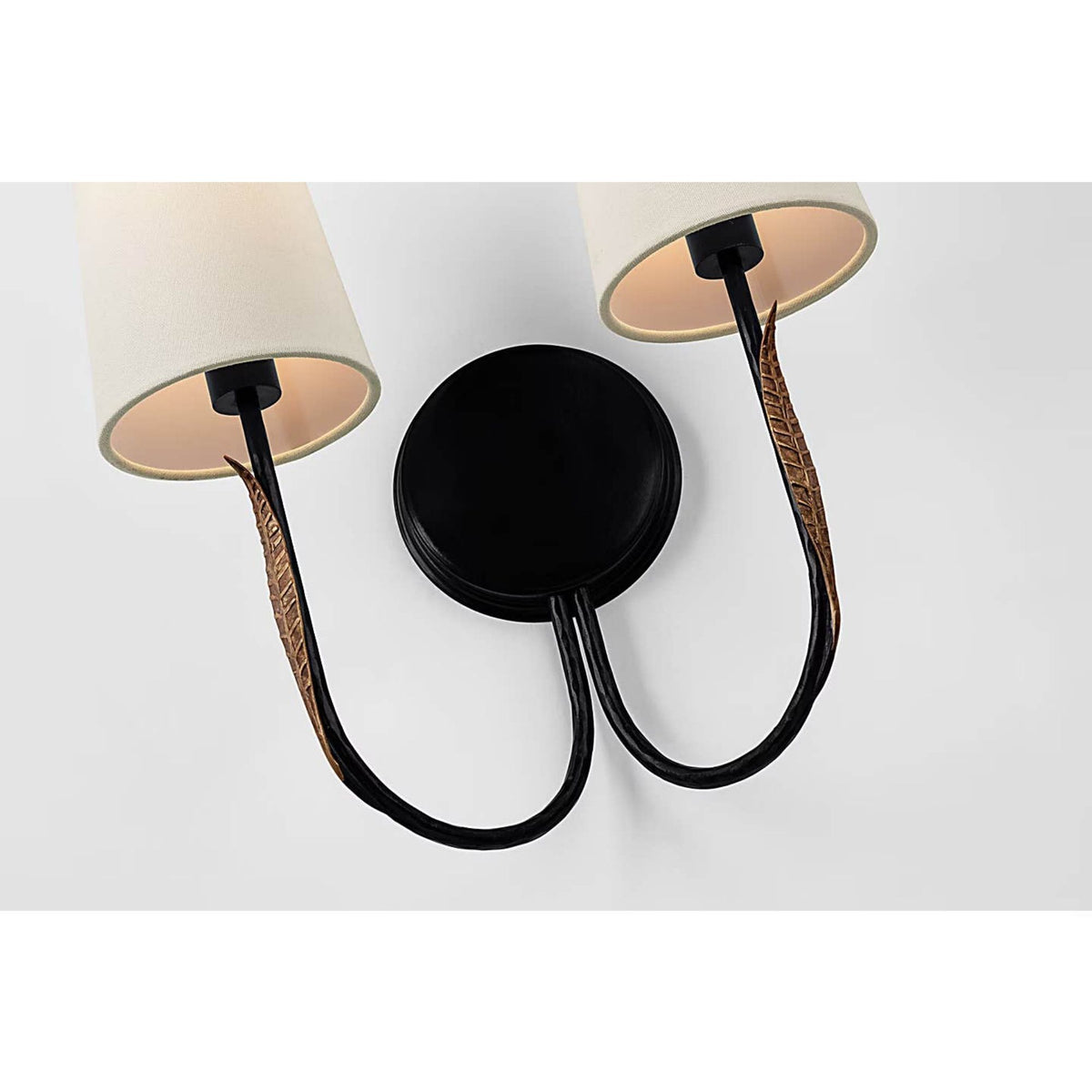 Thomas O'Brien Kairos 14" Double Sconce in Aged Iron and Roman Bronze with Linen Shades W12.75" x H14.25" x E6.75"
