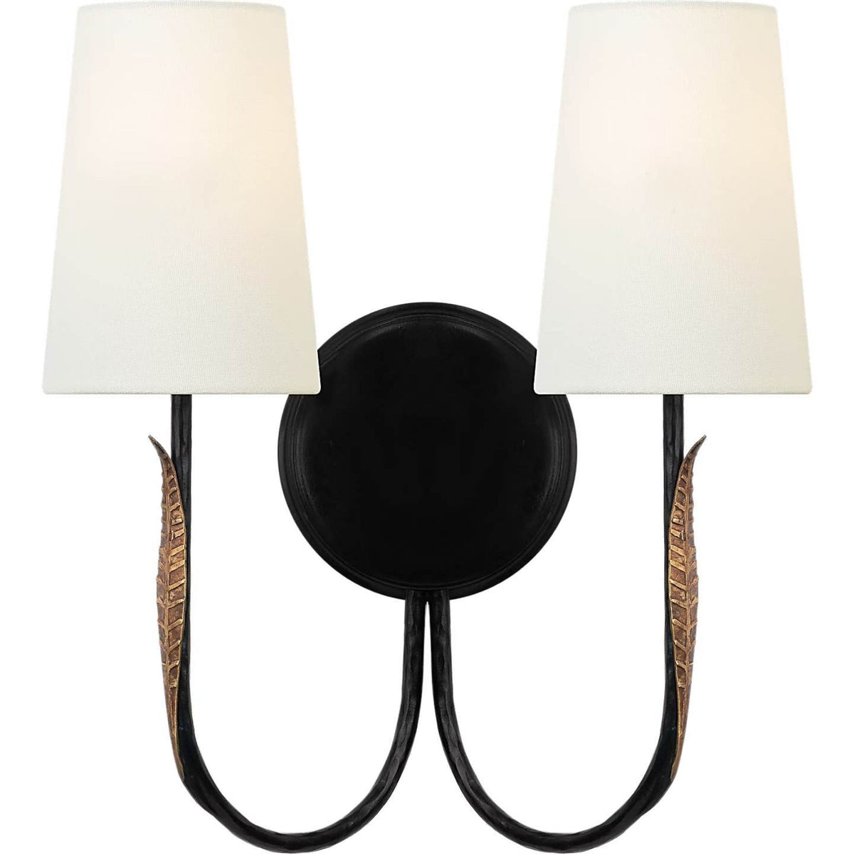 Thomas O'Brien Kairos 14" Double Sconce in Aged Iron and Roman Bronze with Linen Shades W12.75" x H14.25" x E6.75"
