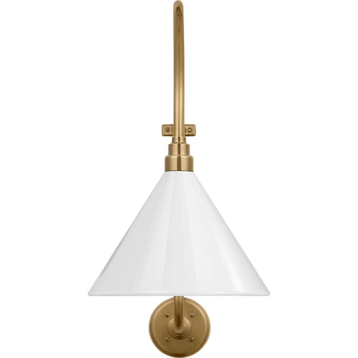 Thomas O'Brien Academy 15" Larrabee Barn Light in Hand-Rubbed Antique Brass with 12.5" White Conical Savannah Shade W12.5" x H24" x E21"