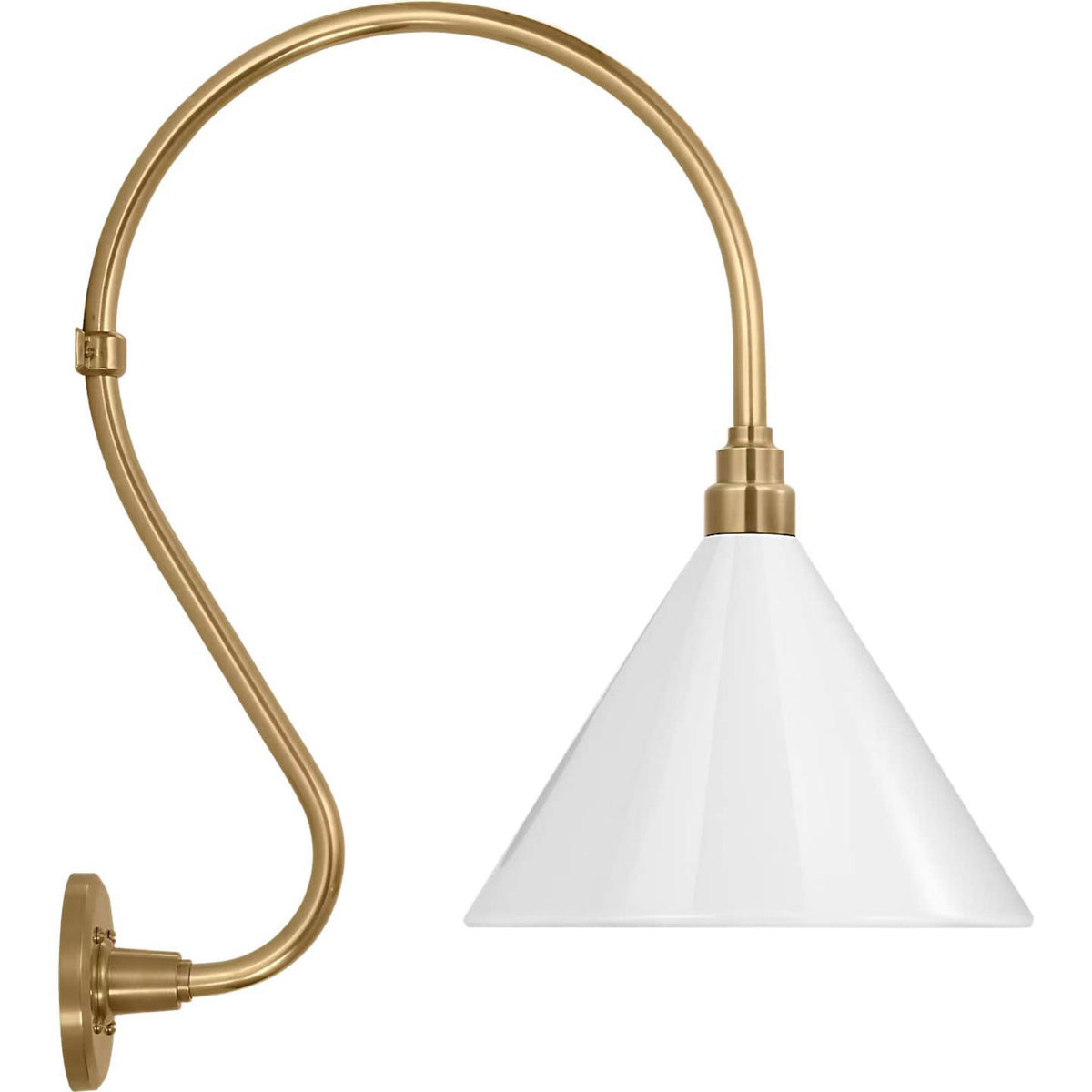 Thomas O'Brien Academy 15" Larrabee Barn Light in Hand-Rubbed Antique Brass with 12.5" White Conical Savannah Shade W12.5" x H24" x E21"