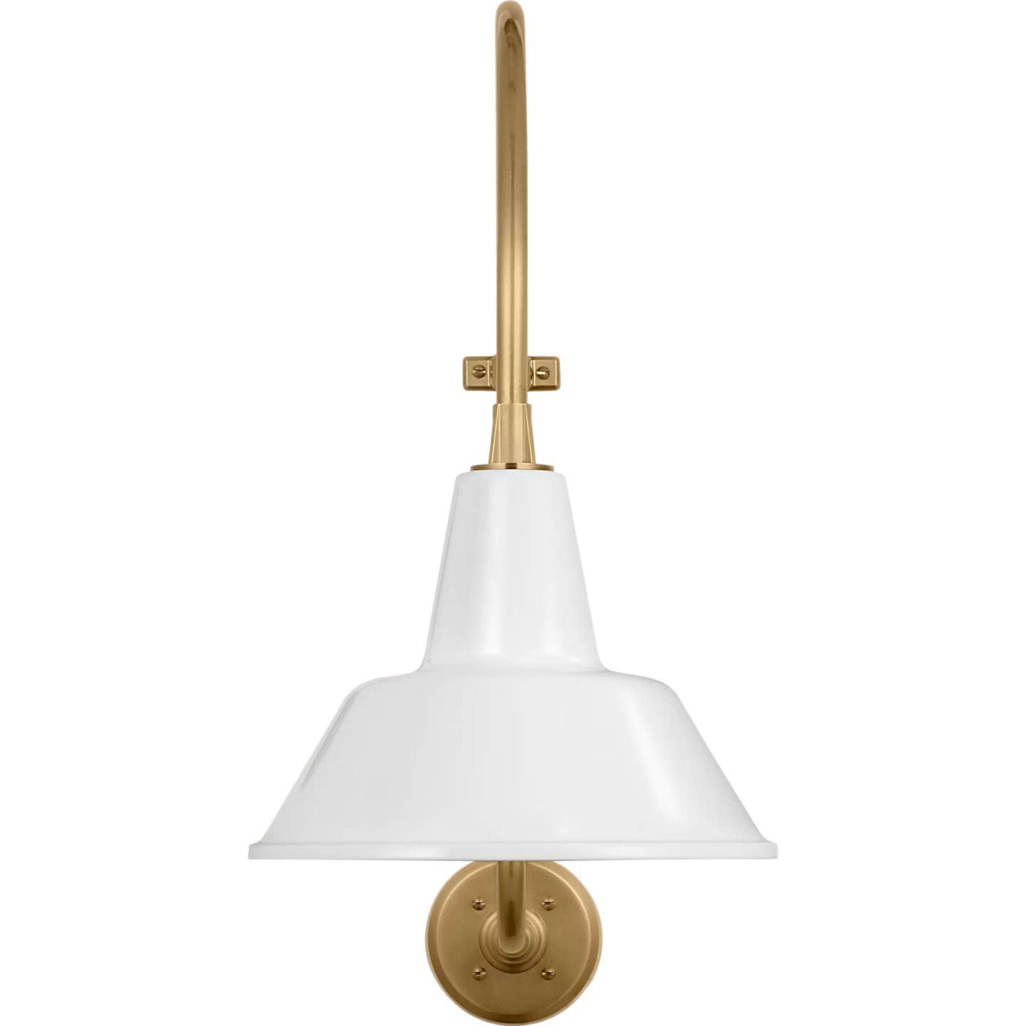 Thomas O'Brien Academy 15" Larrabee Barn Light in Hand-Rubbed Antique Brass with 12.5" White Bowers Shade W12.5" x H24" x E21"