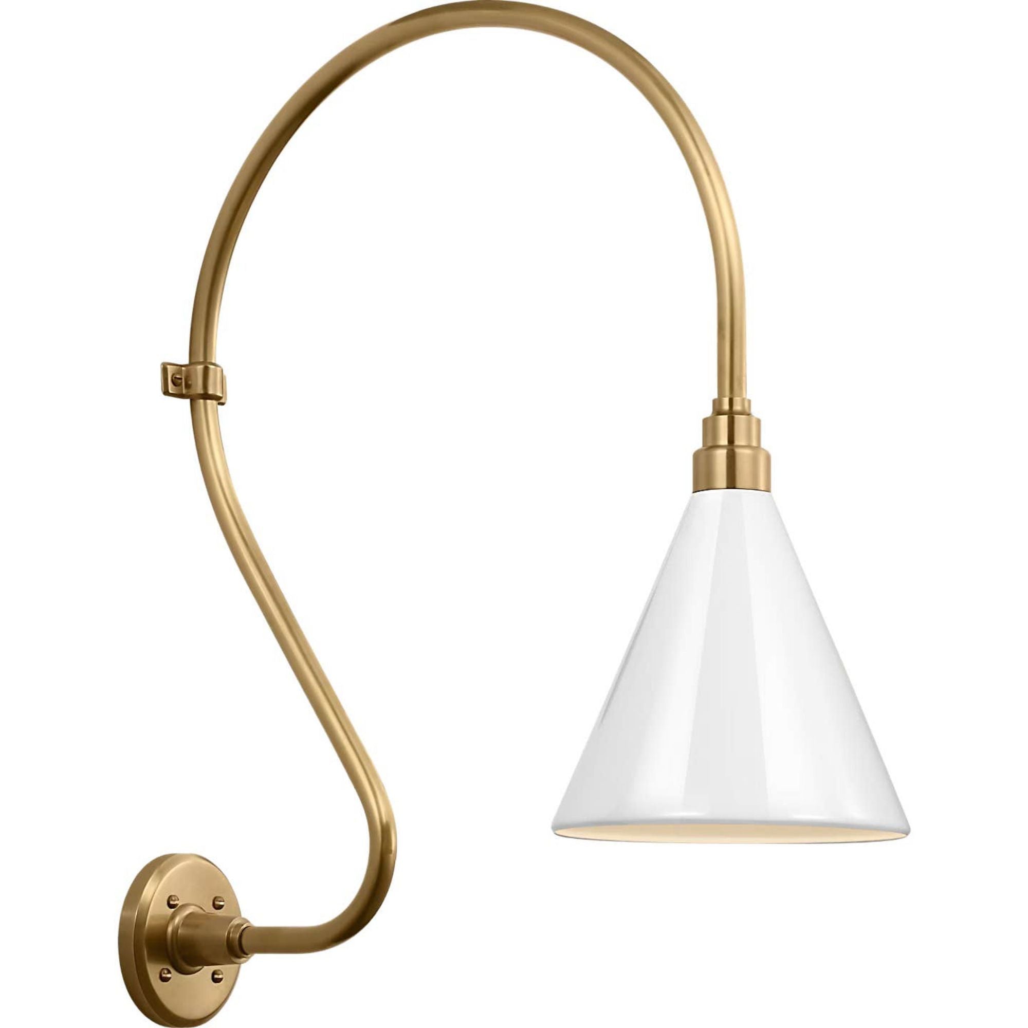 Thomas O'Brien Academy 18" Larrabee Barn Light in Hand-Rubbed Antique Brass with 9" White Conical Savannah Shade W9" x H27" x E22.25"