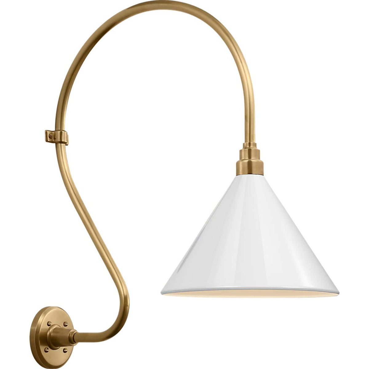 Thomas O'Brien Academy 18" Larrabee Barn Light in Hand-Rubbed Antique Brass with 12.5" White Conical Savannah Shade W12.5" x H27" x E24"