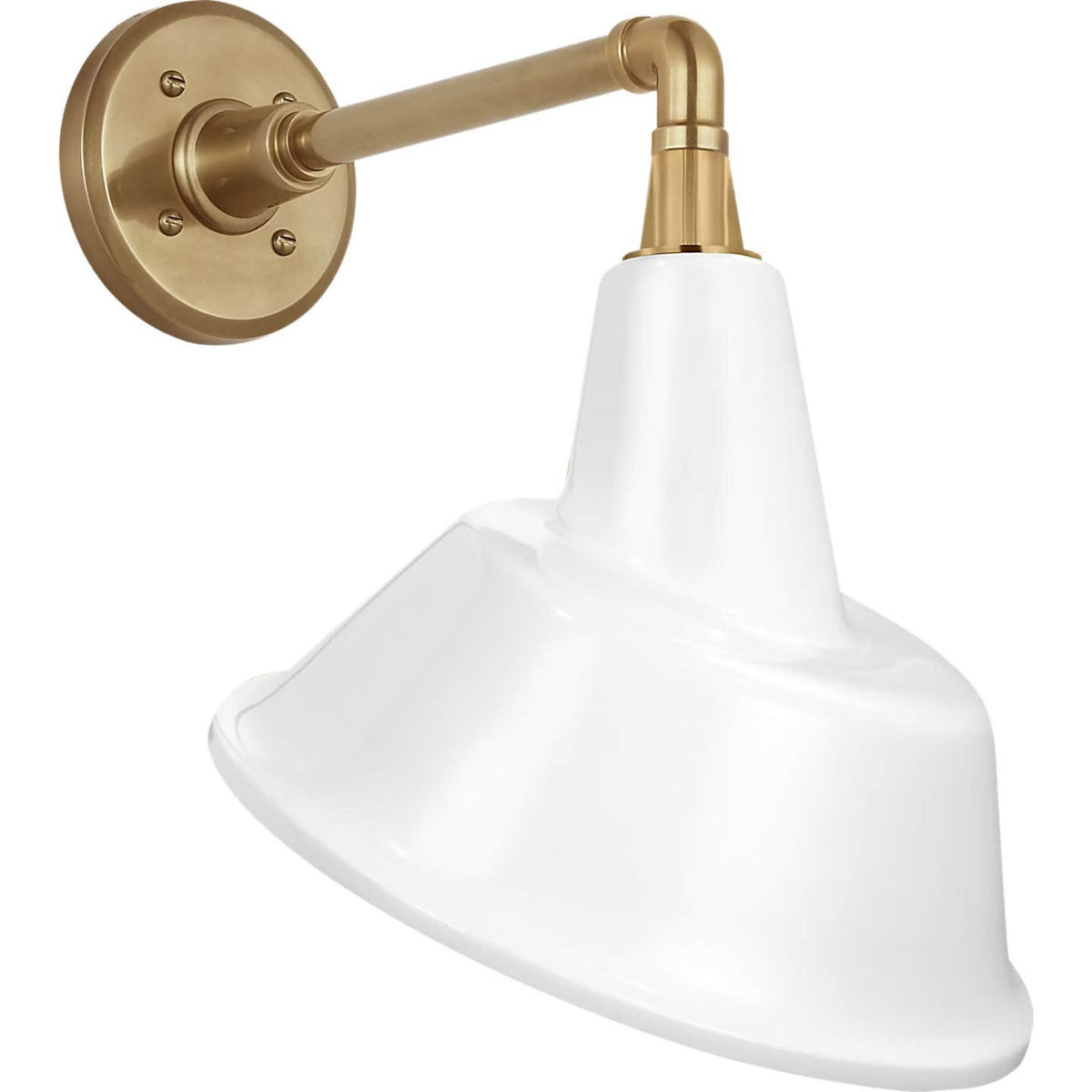 Thomas O'Brien Academy 11" Mack Barn Light in Hand-Rubbed Antique Brass with 12.5" White Tilted Bowers Shade W12.5" x H17.5" x E14"