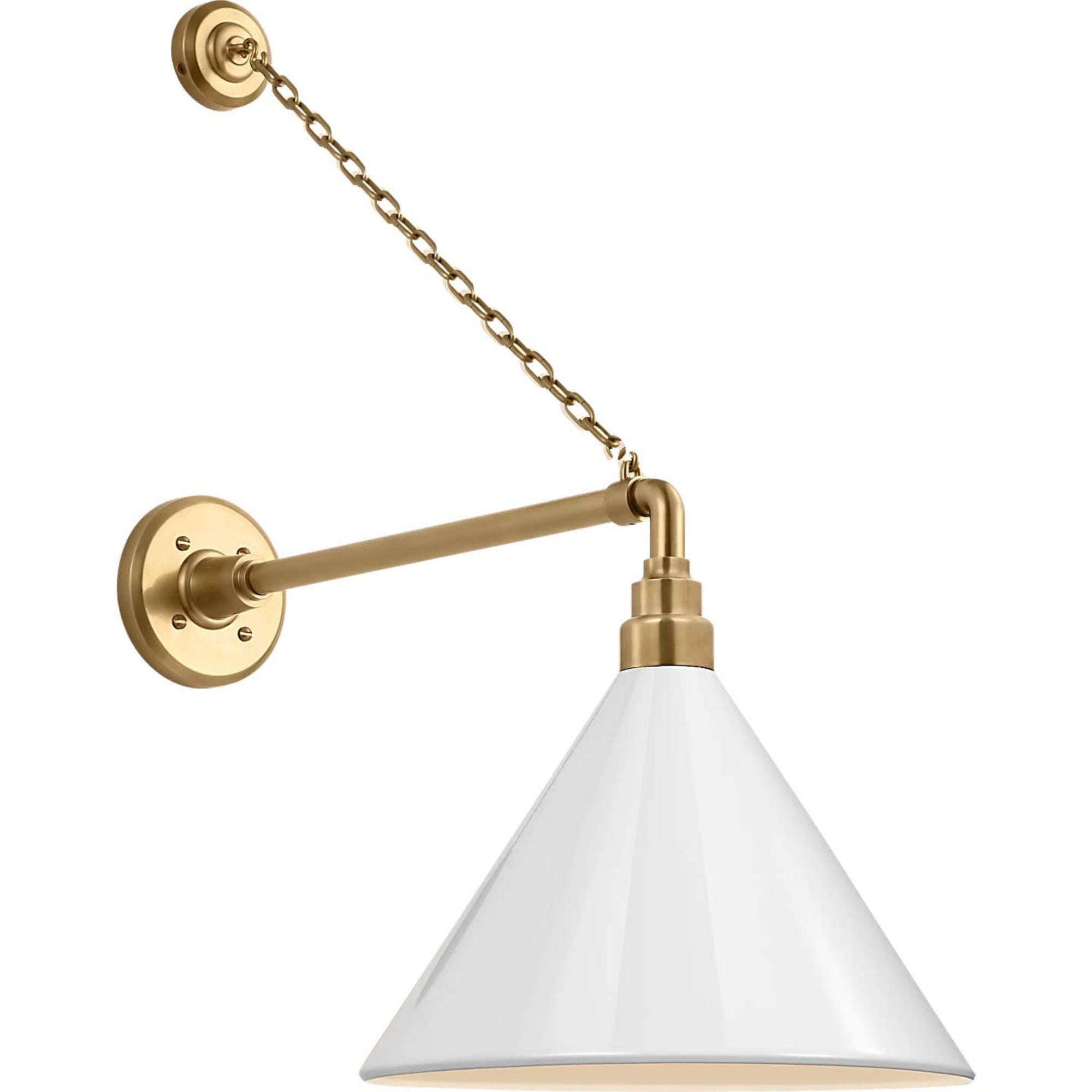 Thomas O'Brien Academy 17.5" Anchored Mack Barn Light in Hand-Rubbed Antique Brass with 12.5" White Conical Savannah Shade W12.5" x H27.5" x E23.5"