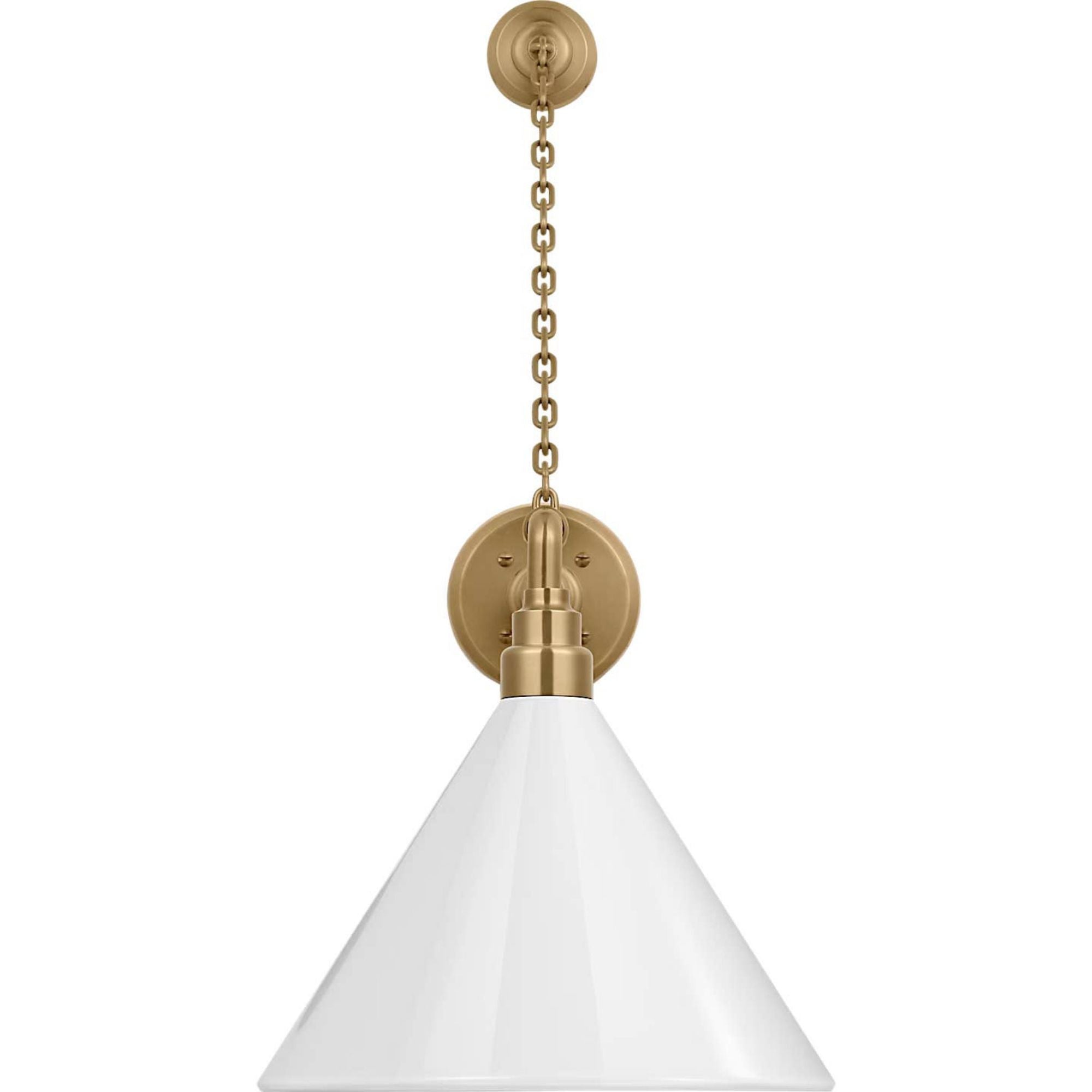 Thomas O'Brien Academy 17.5" Anchored Mack Barn Light in Hand-Rubbed Antique Brass with 12.5" White Conical Savannah Shade W12.5" x H27.5" x E23.5"