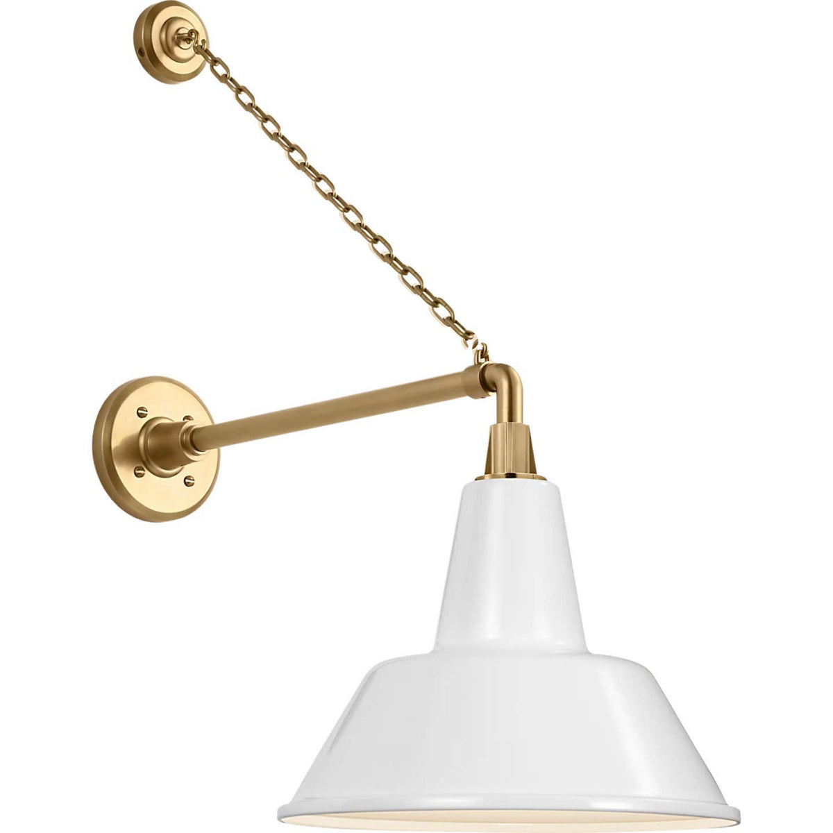 Thomas O'Brien Academy 17.5" Anchored Mack Barn Light in Hand-Rubbed Antique Brass with 12.5" White Bowers Shade W12.5" x H27.5" x E23.5"
