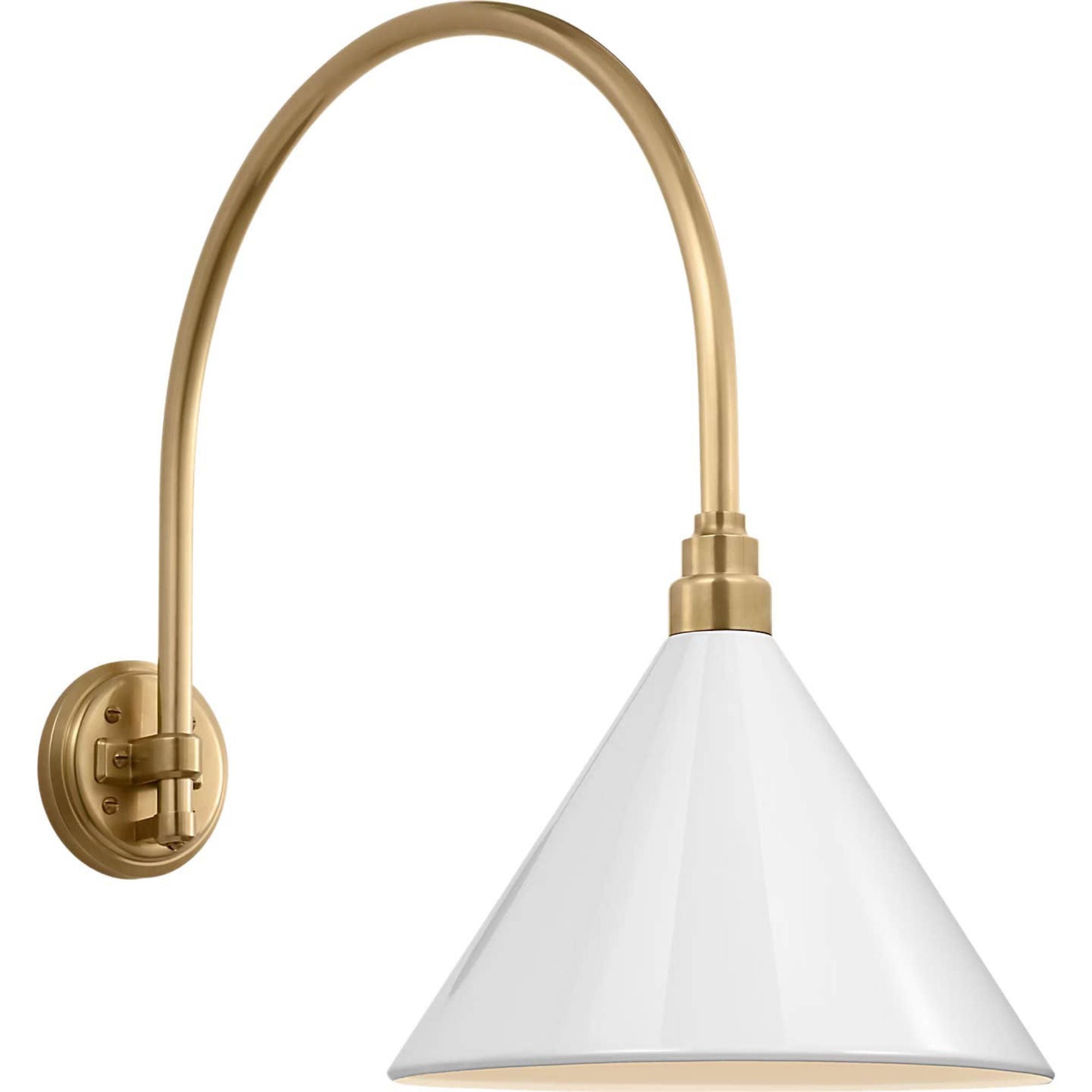 Thomas O'Brien Academy 19.5" Arched Mack Barn Light in Hand-Rubbed Antique Brass with 12.5" White Conical Savannah Shade W12.5" x H22.25" x E25.25"